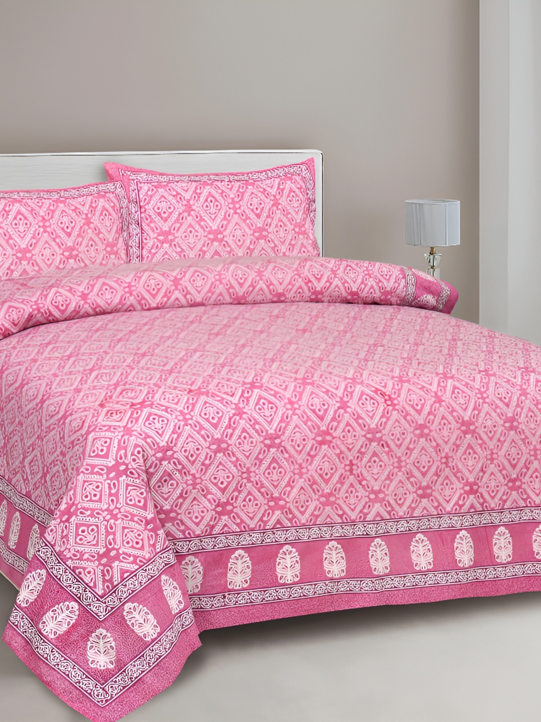 Lali Prints Pink & White Ethnic Motifs 210 TC Cotton King Bedsheet with 2 Pillow Covers
Lali Prints Pink & White Ethnic Motifs 210 TC Cotton King Bedsheet with 2 Pillow Covers