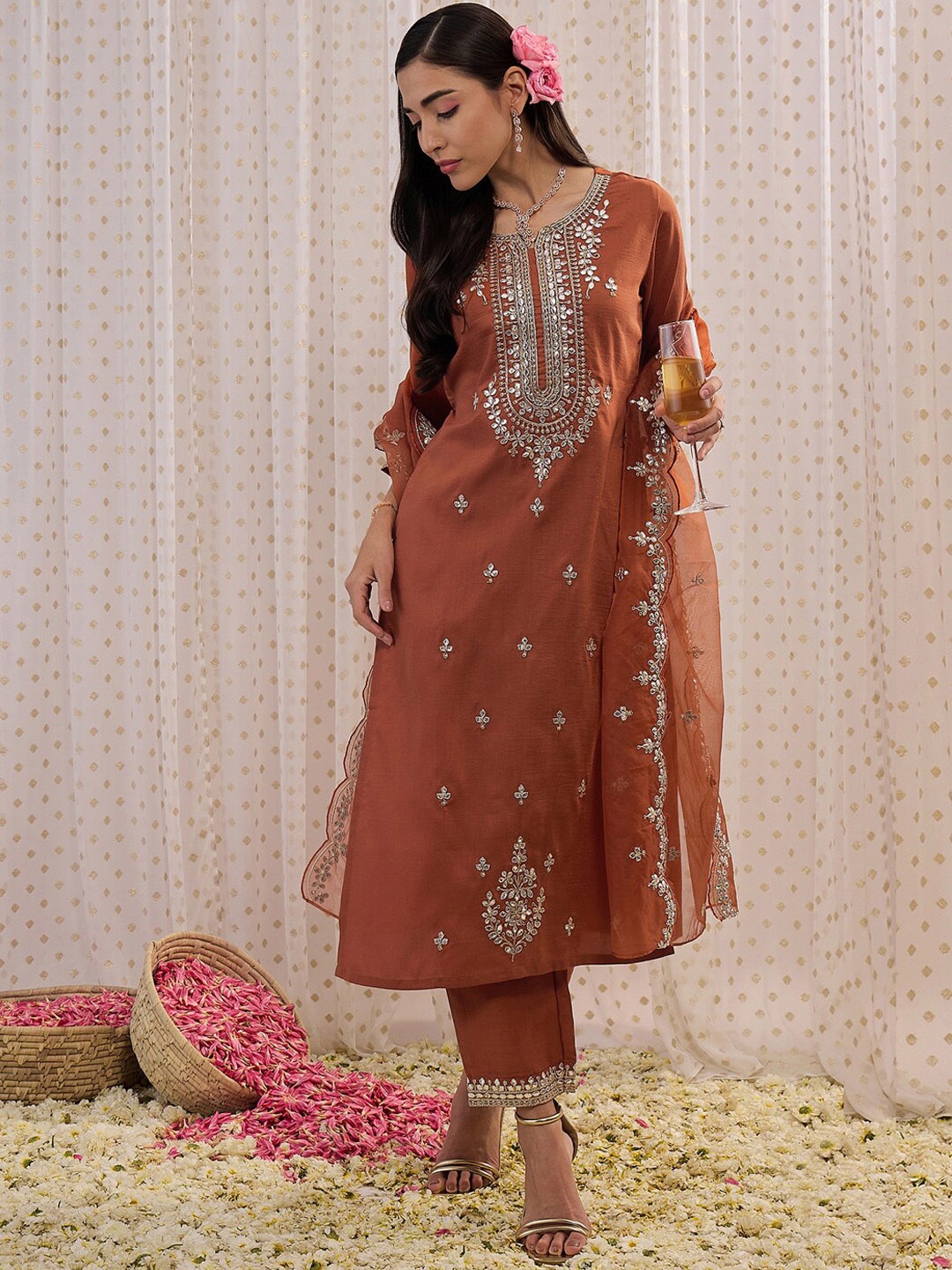 Indo Era Ethnic Motifs Embroidered Regular Gotta Patti Kurta with Trouser & Dupatta, Rust
Indo Era Ethnic Motifs Embroidered Regular Gotta Patti Kurta with Trouser & Dupatta, Rust
