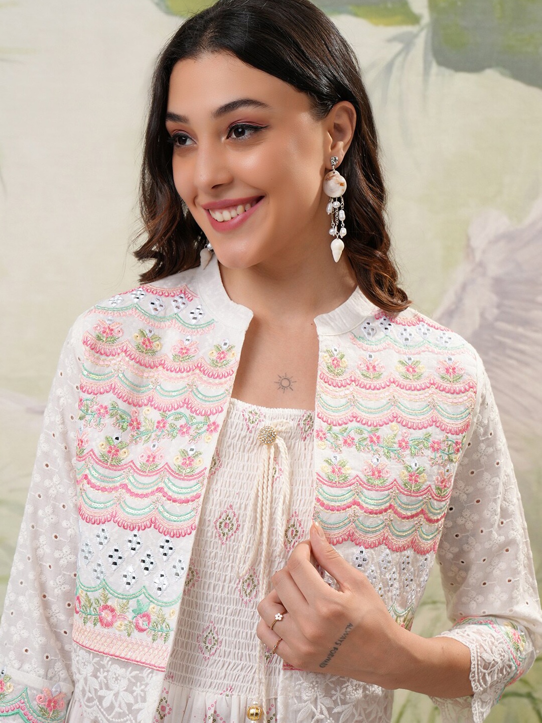 Vishudh White Ethnic Motifs Printed Smocked Tiered Cotton Midi A-Line Dress With Jacket
Vishudh White Ethnic Motifs Printed Smocked Tiered Cotton Midi A-Line Dress With Jacket