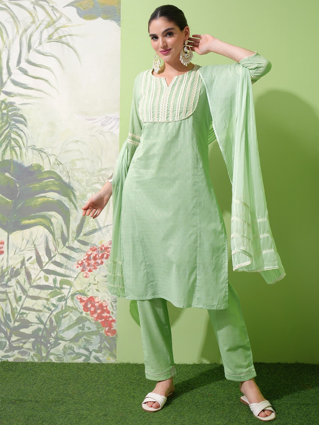 Vishudh Green Yoke Design Thread Work Pure Cotton Straight Kurta With Trousers & Dupatta
Vishudh Green Yoke Design Thread Work Pure Cotton Straight Kurta With Trousers & Dupatta