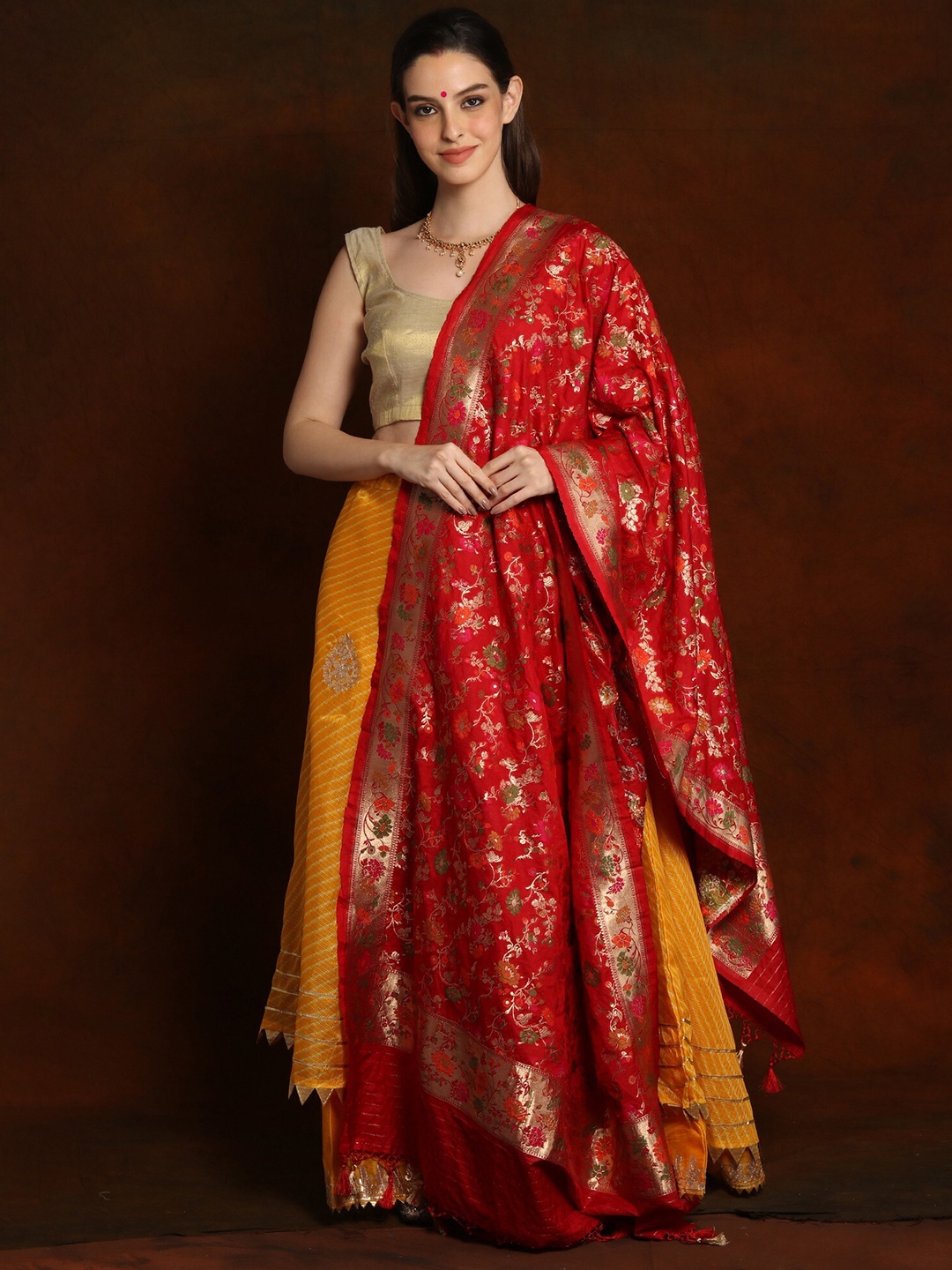 Exotic India Grenadine Royal Banarasi Brocade Silk Dupatta with Striped Palla & Tassels, Red
Exotic India Grenadine Royal Banarasi Brocade Silk Dupatta with Striped Palla & Tassels, Red