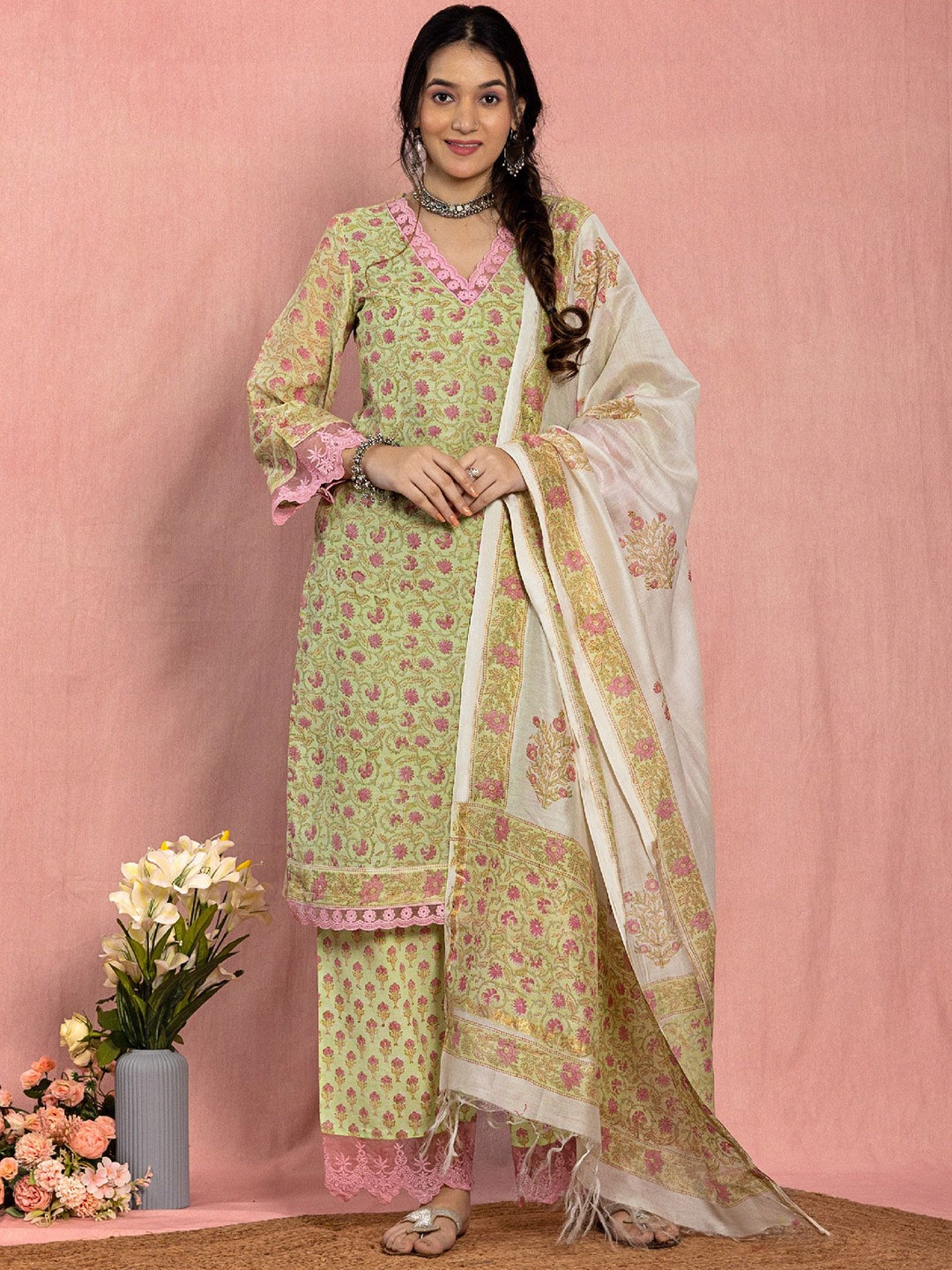 KASYA V Neck Flared Sleeves Floral Printed Chanderi Cotton Kurta with Palazzo & Dupatta, Green
KASYA V Neck Flared Sleeves Floral Printed Chanderi Cotton Kurta with Palazzo & Dupatta, Green