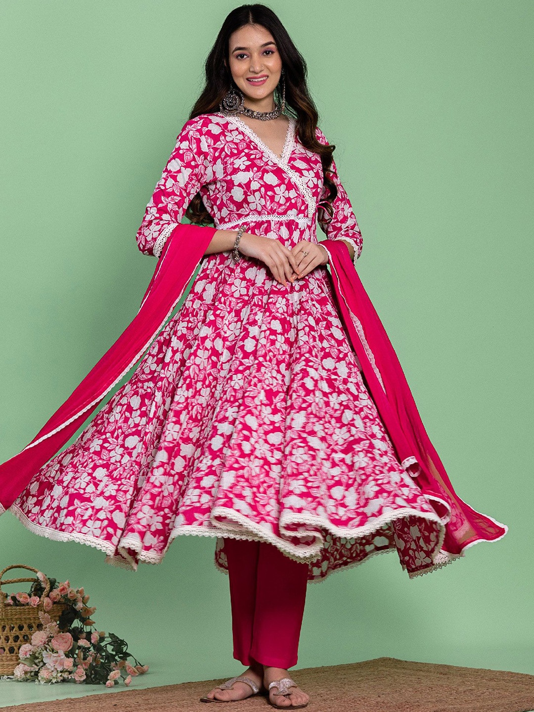 KASYA V Neck Floral Printed Empire Pure Cotton Anarkali Kurta with Palazzo & Dupatta, Pink
KASYA V Neck Floral Printed Empire Pure Cotton Anarkali Kurta with Palazzo & Dupatta, Pink