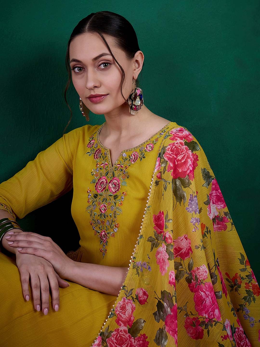 Sangria Floral Embroidered Notch Neck Straight Kurta With Trouser & Dupatta, Mustard
Sangria Floral Embroidered Notch Neck Straight Kurta With Trouser & Dupatta, Mustard
