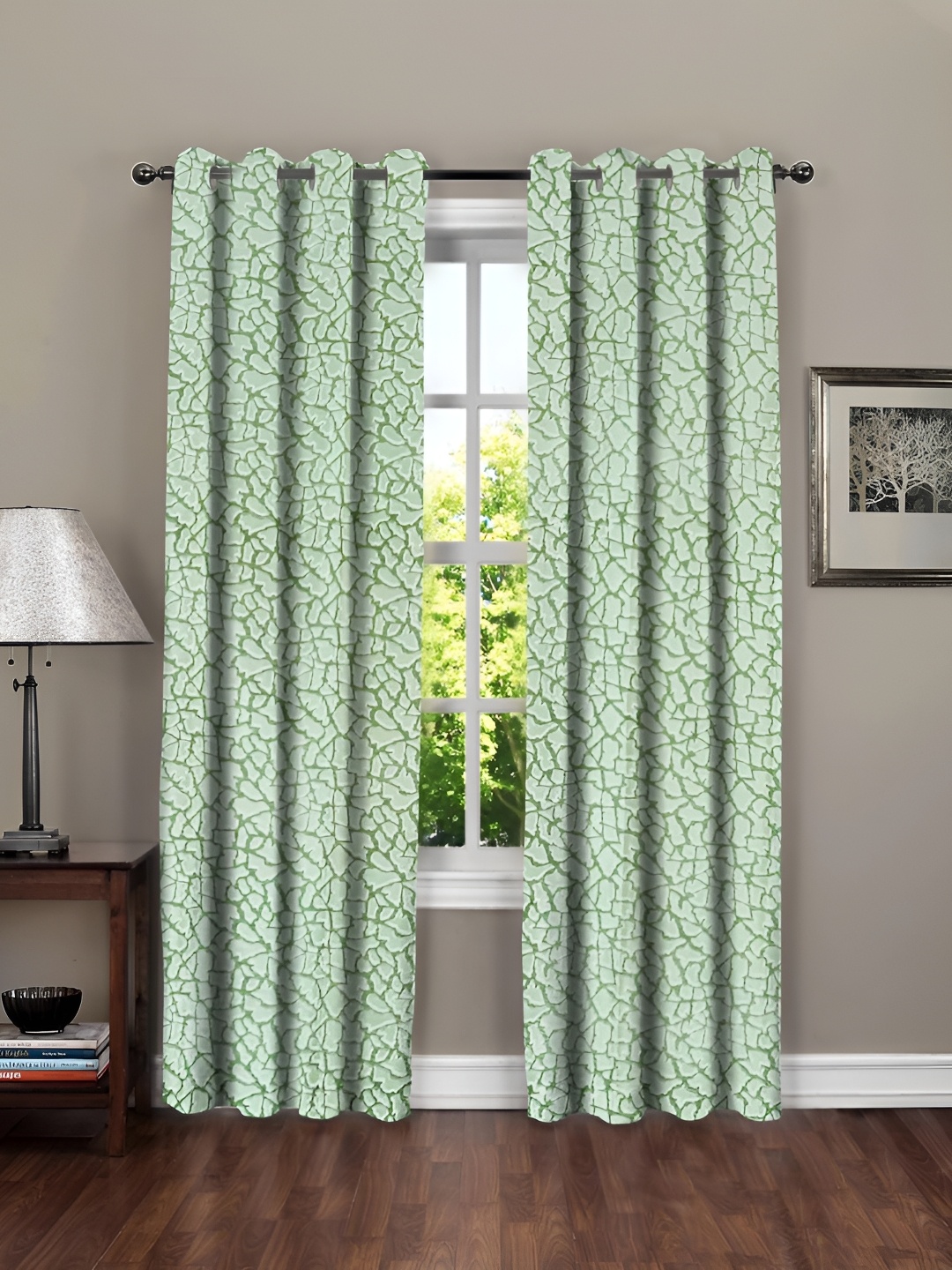 

RRC Green & White 2 Pieces Abstract Printed Microfiber Cotton Room Darkening Door Curtains