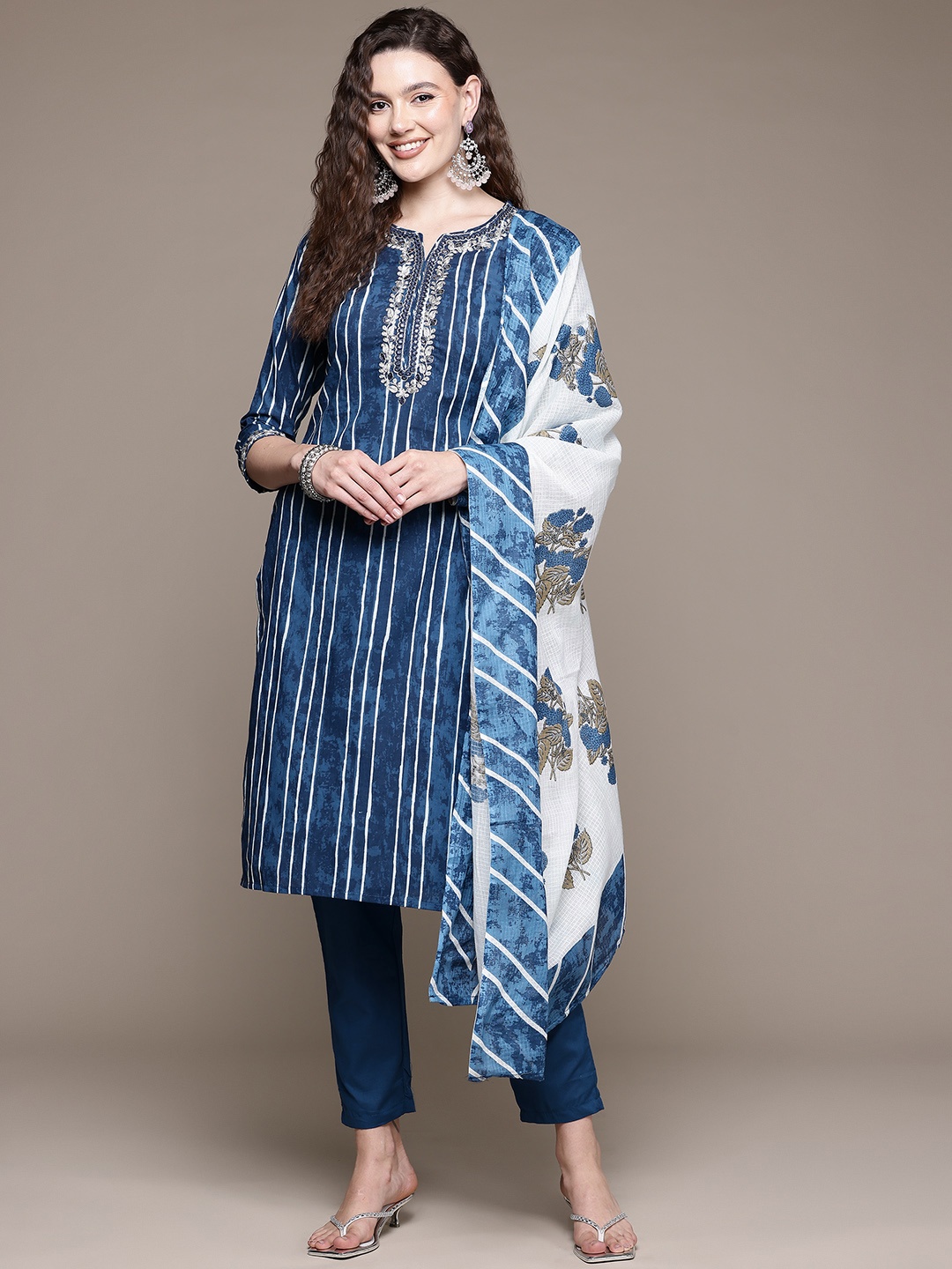 Readiprint Striped Mirror Work Pure Cotton Kurta With Trousers & Dupatta, Navy blue
Readiprint Striped Mirror Work Pure Cotton Kurta With Trousers & Dupatta, Navy blue