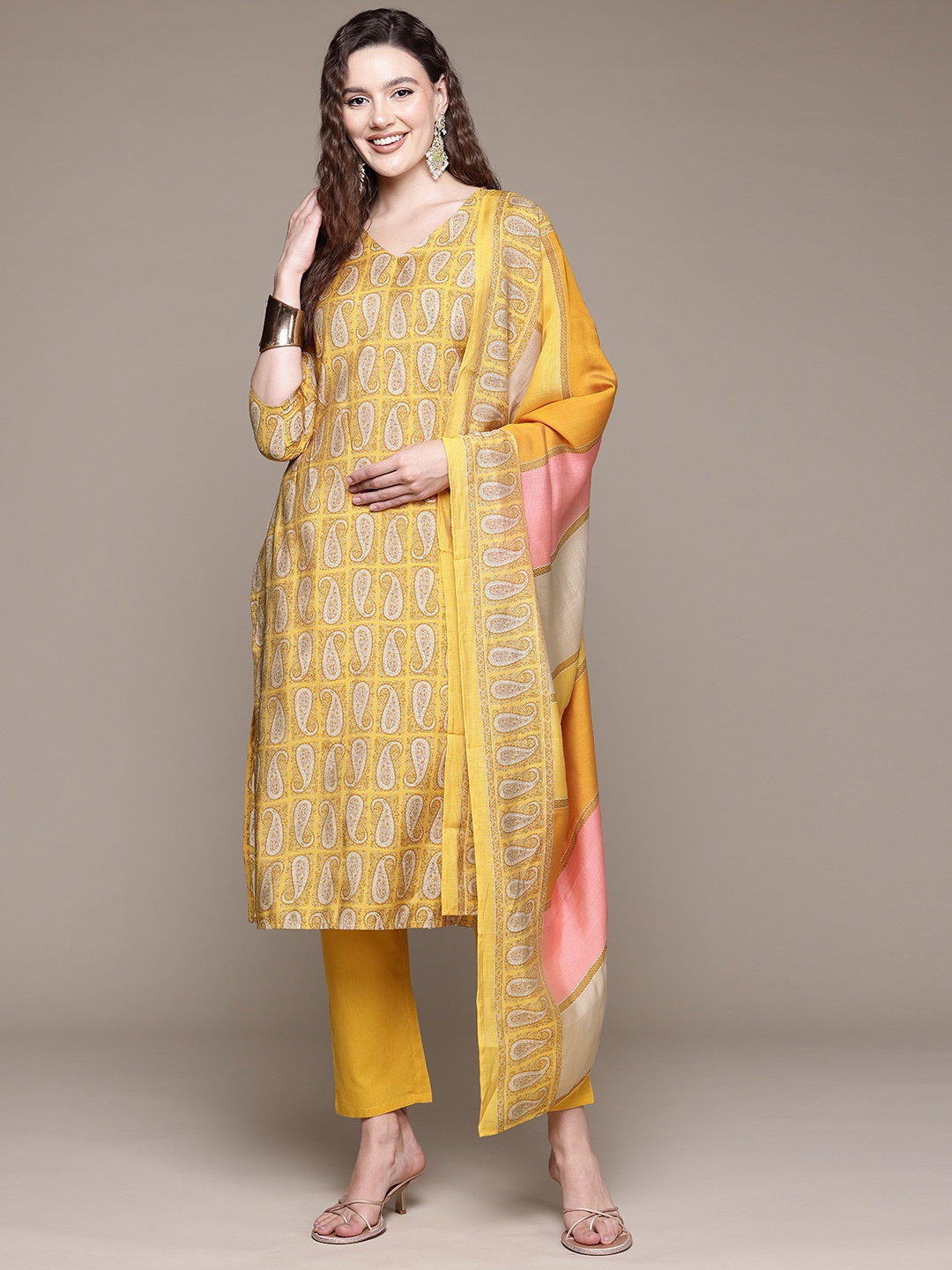 Readiprint Paisley Printed Pure Silk Kurta with Trousers & With Dupatta, Mustard
Readiprint Paisley Printed Pure Silk Kurta with Trousers & With Dupatta, Mustard