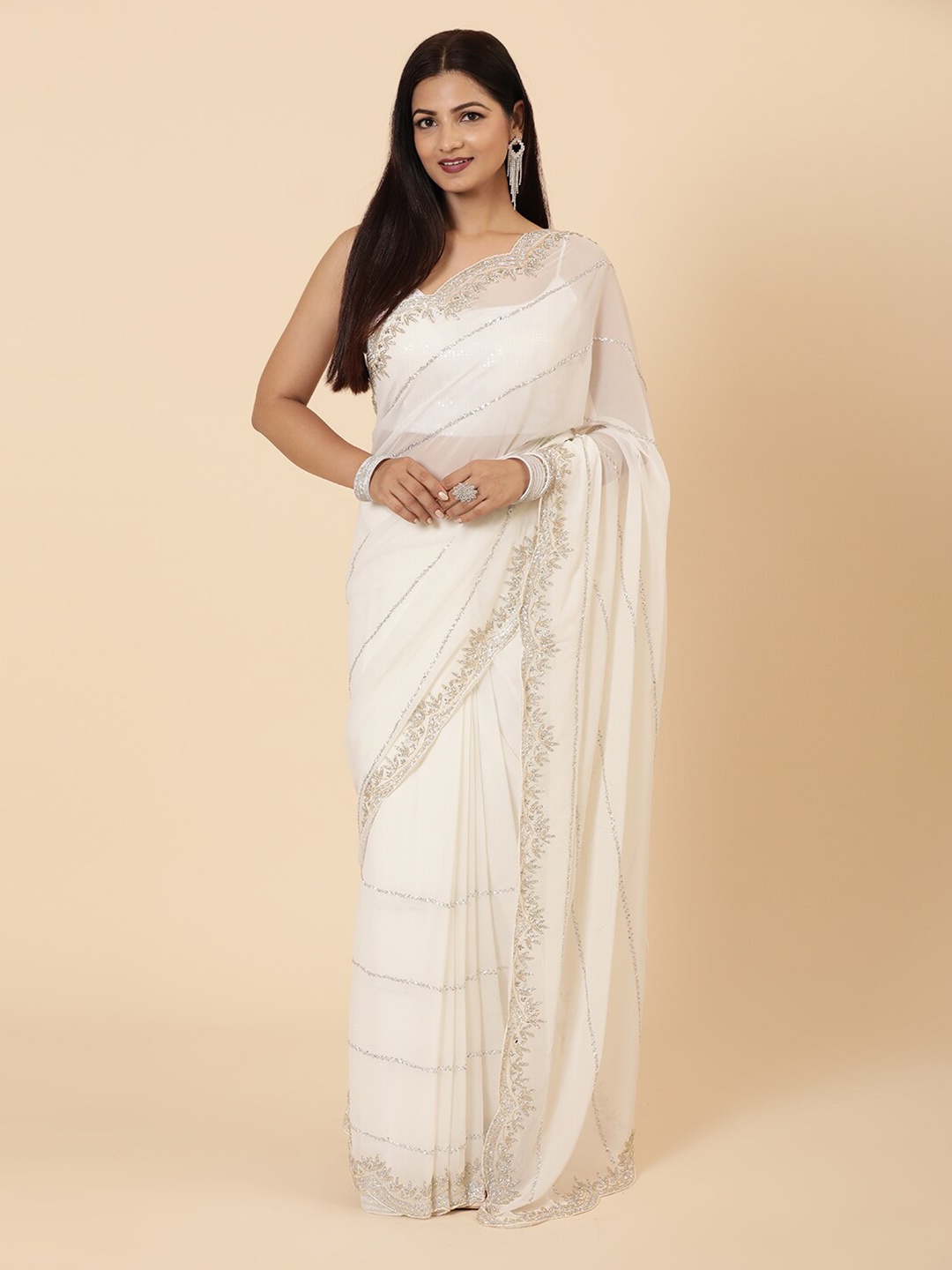 Vervee Couture Embellished Beads and Stones Pure Georgette Half and Half Saree, White
Vervee Couture Embellished Beads and Stones Pure Georgette Half and Half Saree, White