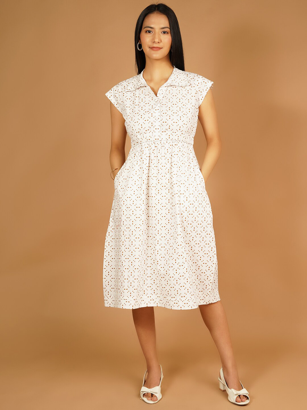 Talethread Geometric Printed Shirt Collar Cap Sleeves Pure Cotton Fit & Flare Midi Dress, White
Talethread Geometric Printed Shirt Collar Cap Sleeves Pure Cotton Fit & Flare Midi Dress, White