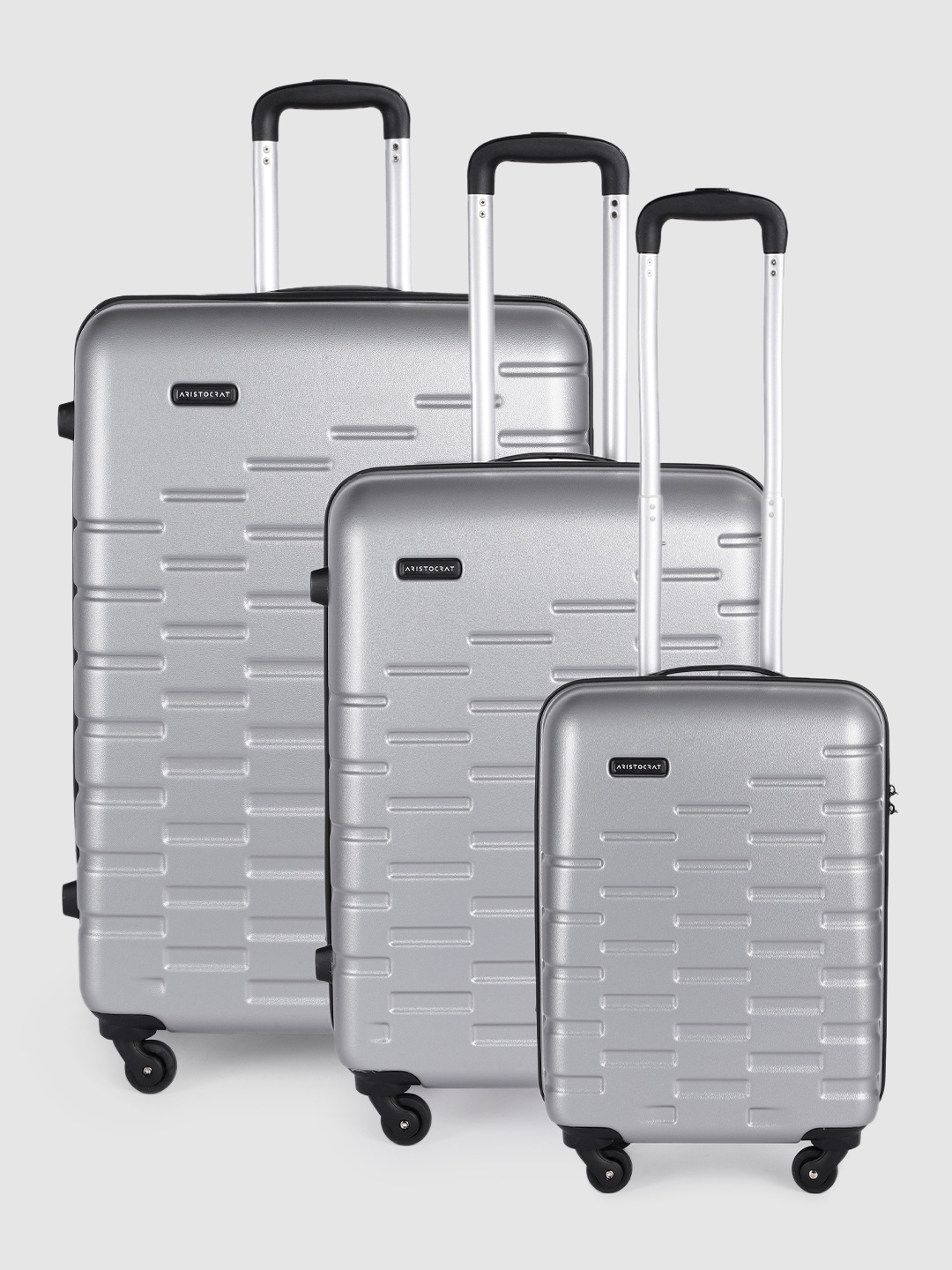 Aristocrat Fencer Pack of 3 Textured Trolley Suitcases - Cabin, Medium & Large, Silver
Aristocrat Fencer Pack of 3 Textured Trolley Suitcases - Cabin, Medium & Large, Silver