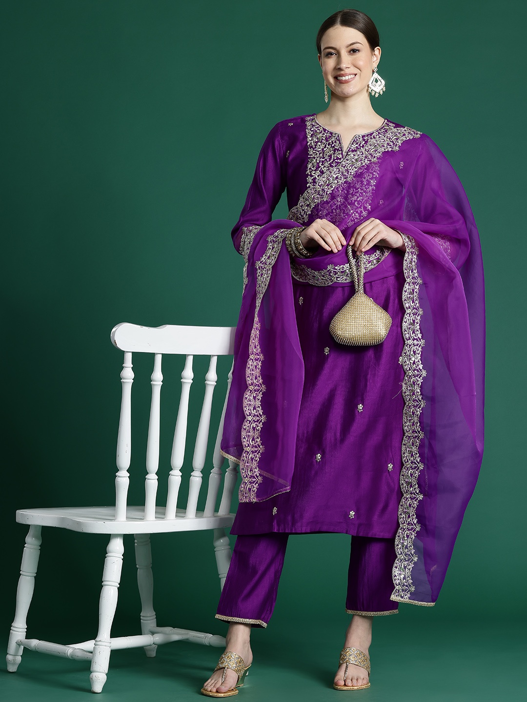 Indo Era Floral Embroidered Sequinned Liva Kurta with Trousers & With Dupatta, Violet
Indo Era Floral Embroidered Sequinned Liva Kurta with Trousers & With Dupatta, Violet