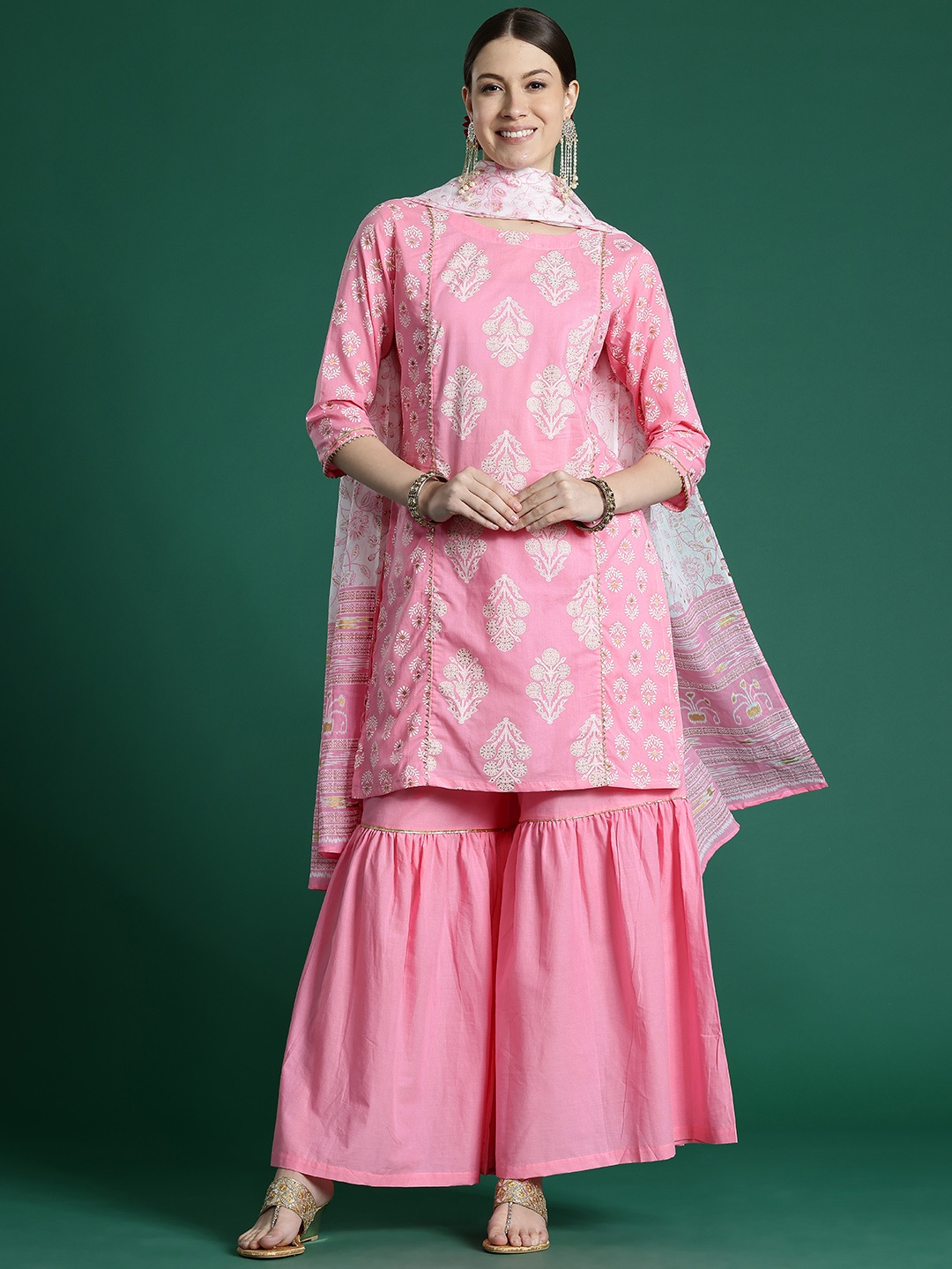 Indo Era Women Floral Printed Panelled Gotta Patti Pure Cotton Kurta with Sharara & With Dupatta, Pink
Indo Era Women Floral Printed Panelled Gotta Patti Pure Cotton Kurta with Sharara & With Dupatta, Pink