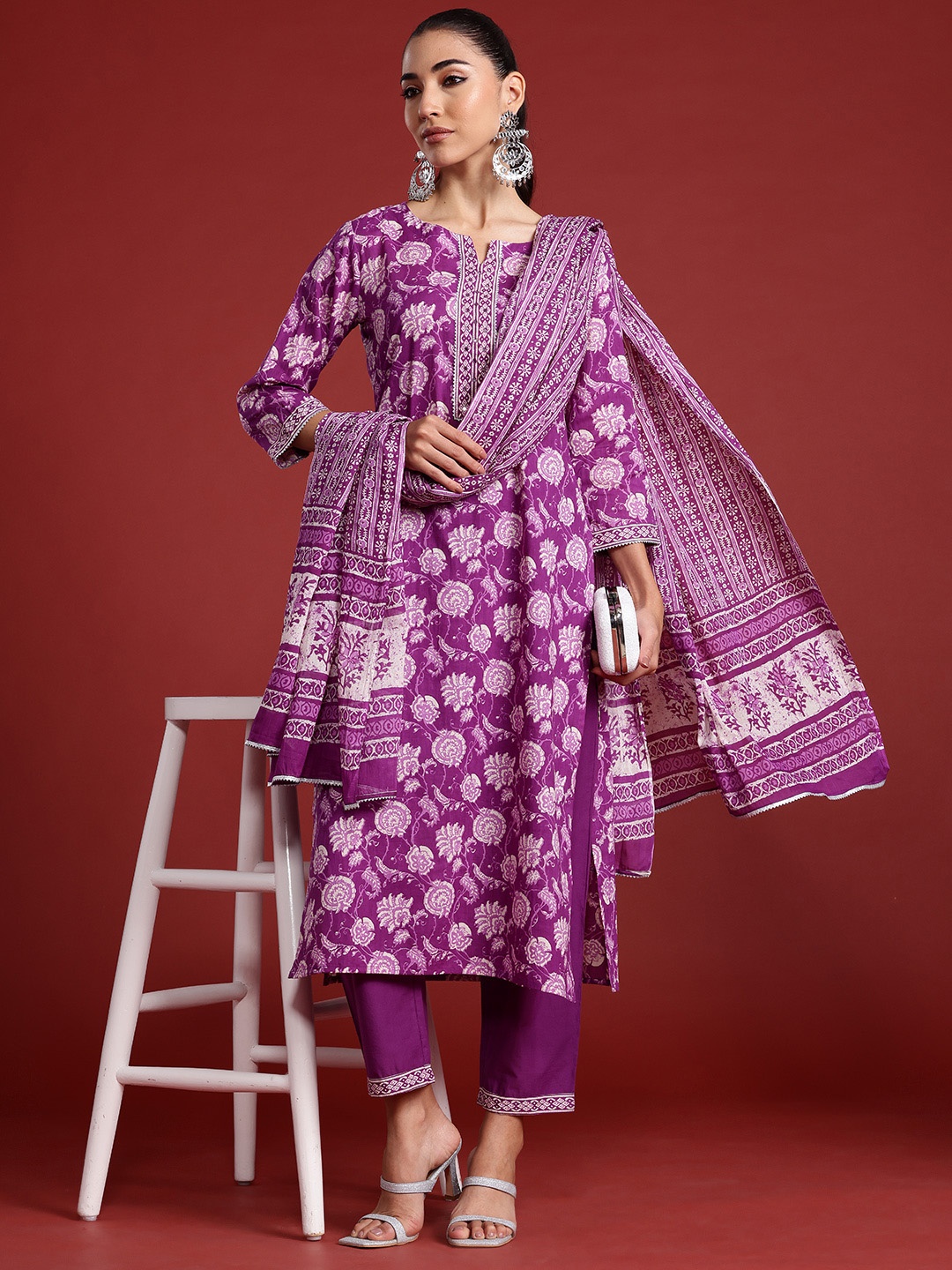 Indo Era Floral Printed Mirror Work Pure Cotton Kurta With Trousers & Dupatta, Purple
Indo Era Floral Printed Mirror Work Pure Cotton Kurta With Trousers & Dupatta, Purple
