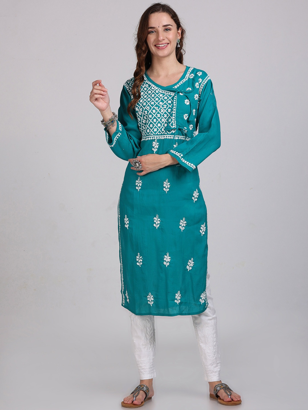 KHAKA Angrakha Embroidered Thread Work Pure Cotton Straight Chikankari Kurta, Sea green
KHAKA Angrakha Embroidered Thread Work Pure Cotton Straight Chikankari Kurta, Sea green