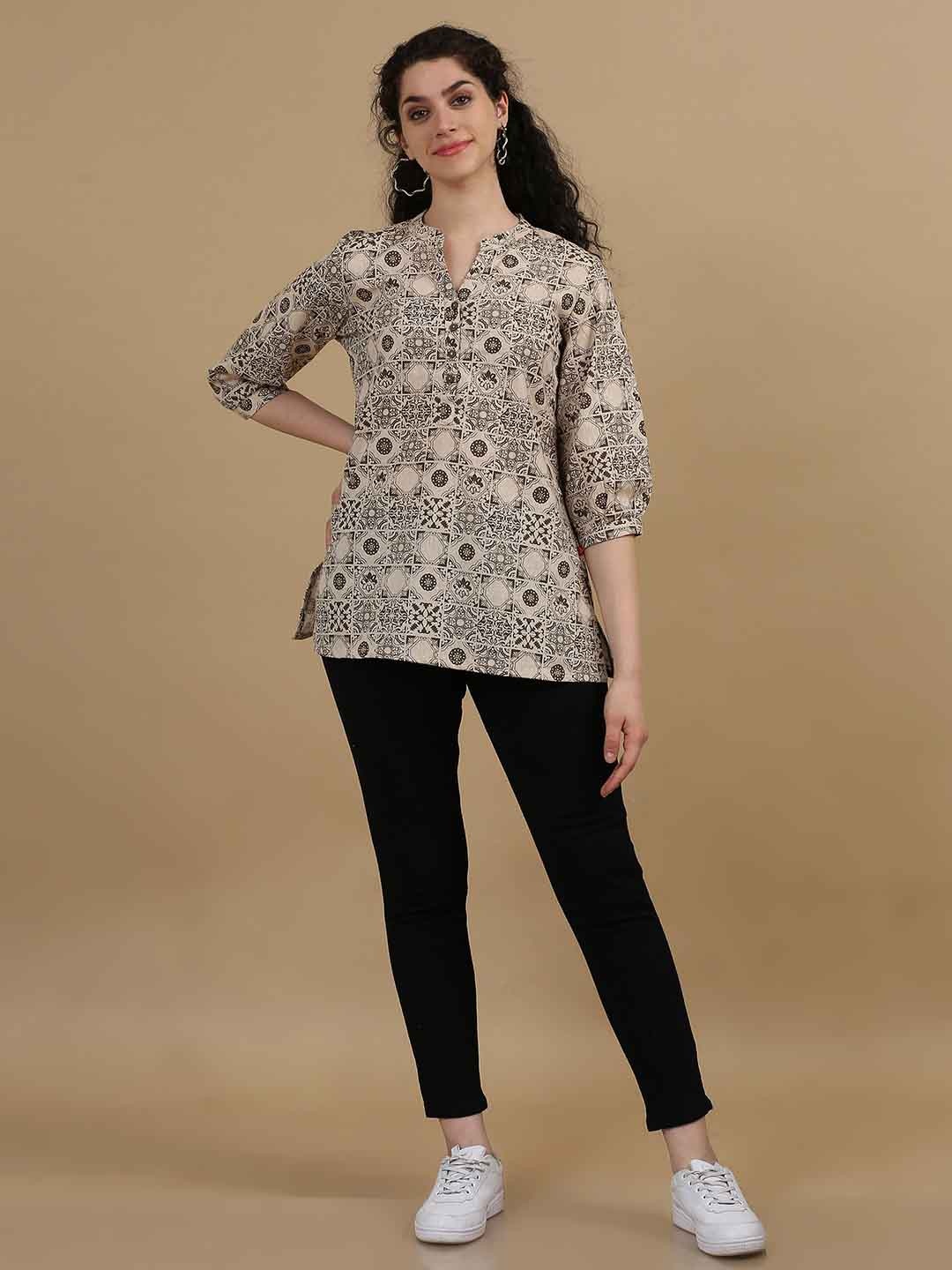 Marcia Ethnic Motifs Printed Mandarin Collar Three-Quarter Sleeves Pure Cotton Short Kurti, Beige
Marcia Ethnic Motifs Printed Mandarin Collar Three-Quarter Sleeves Pure Cotton Short Kurti, Beige