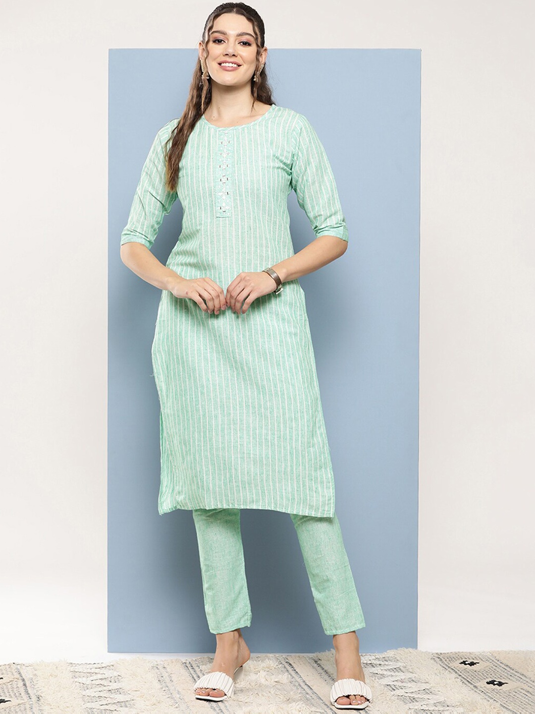 BAESD Striped Regular Mirror Work Embroidery Pure Cotton Kurta with Trousers, Sea green
BAESD Striped Regular Mirror Work Embroidery Pure Cotton Kurta with Trousers, Sea green