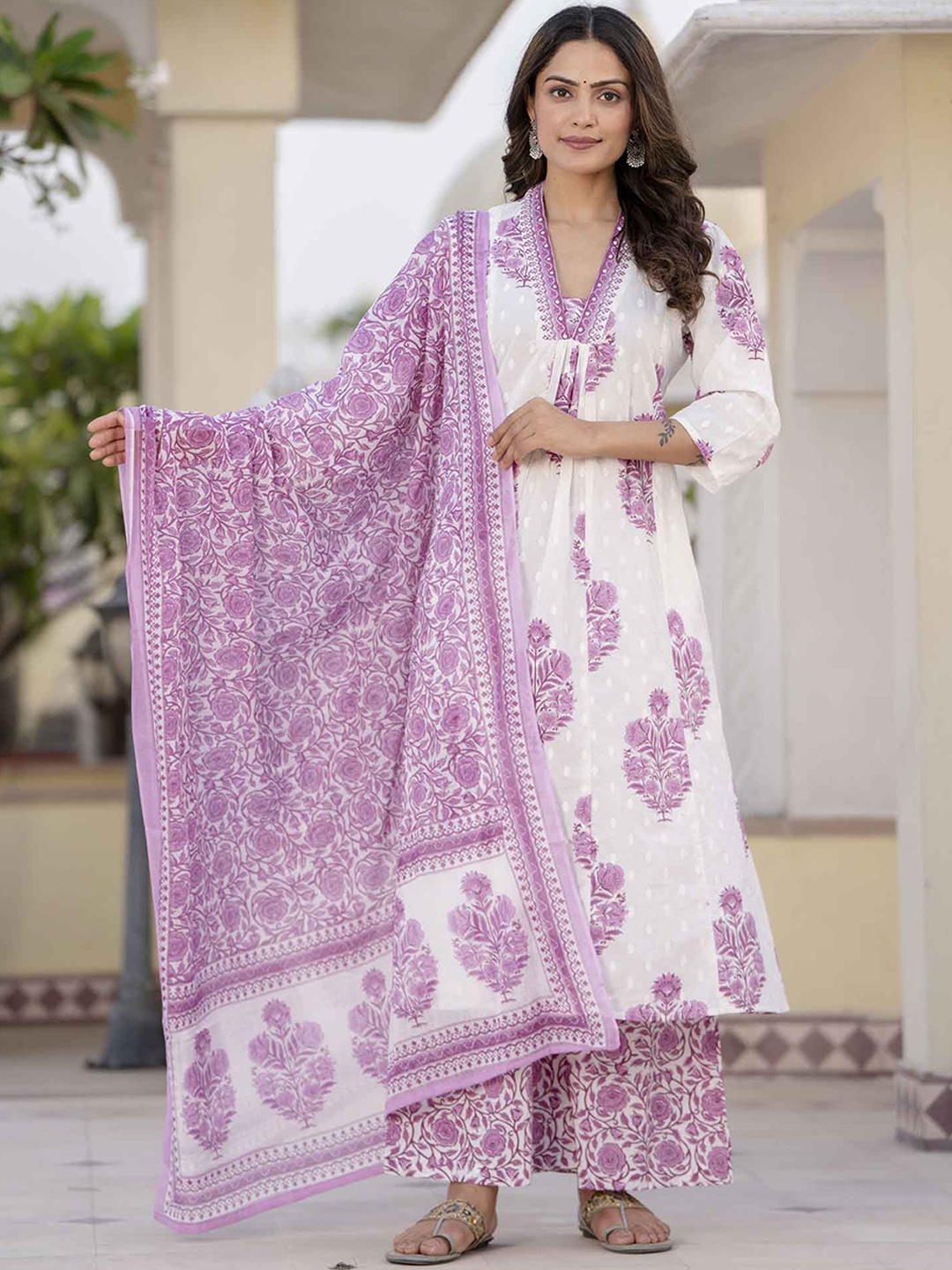 KALINI Floral Printed Regular Sequinned Pure Cotton Kurta with Palazzo & Dupatta, White
KALINI Floral Printed Regular Sequinned Pure Cotton Kurta with Palazzo & Dupatta, White