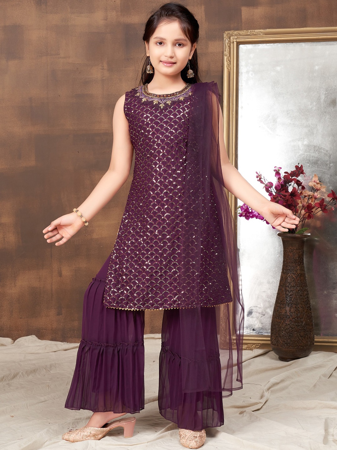 BAESD Girls Embroidered Regular Sequinned Straight Kurta with Sharara & Dupatta, Purple
BAESD Girls Embroidered Regular Sequinned Straight Kurta with Sharara & Dupatta, Purple