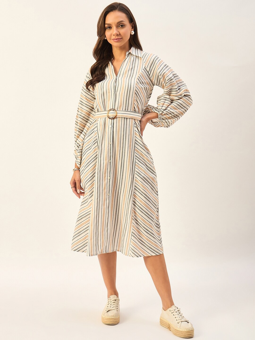 DRAPE AND DAZZLE Striped Shirt Collar Cuffed Sleeves Flared Cotton Shirt Midi Dress, Beige
DRAPE AND DAZZLE Striped Shirt Collar Cuffed Sleeves Flared Cotton Shirt Midi Dress, Beige