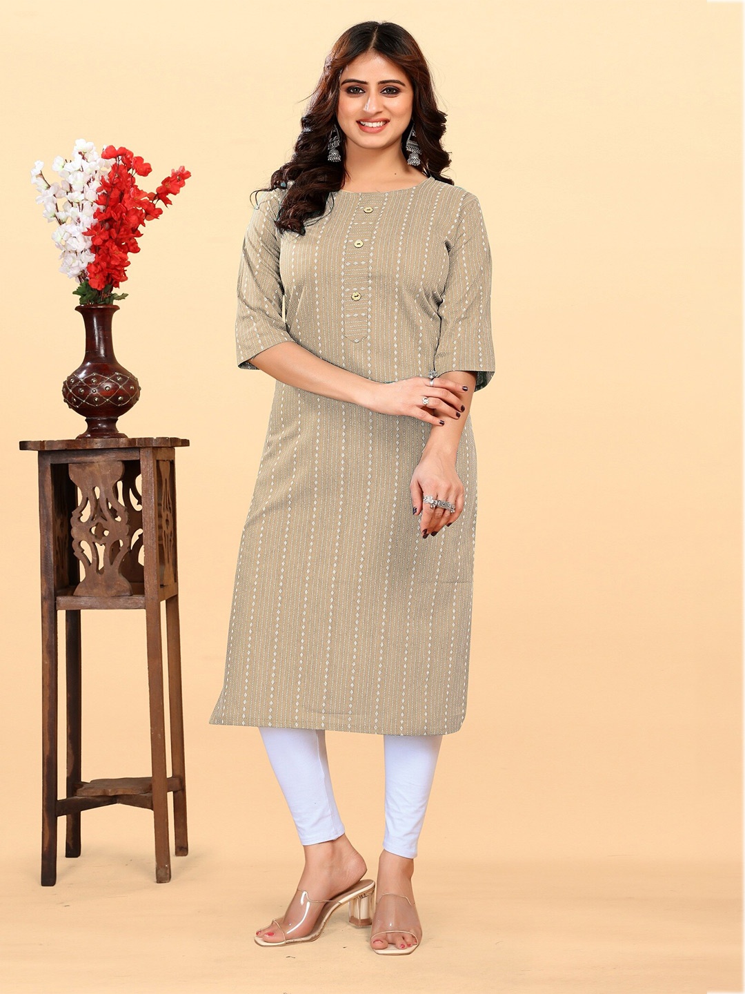 THE WOMEN DECOR Striped Round Neck Three-Quarter Sleeves Cotton Straight Kurta, Cream
THE WOMEN DECOR Striped Round Neck Three-Quarter Sleeves Cotton Straight Kurta, Cream