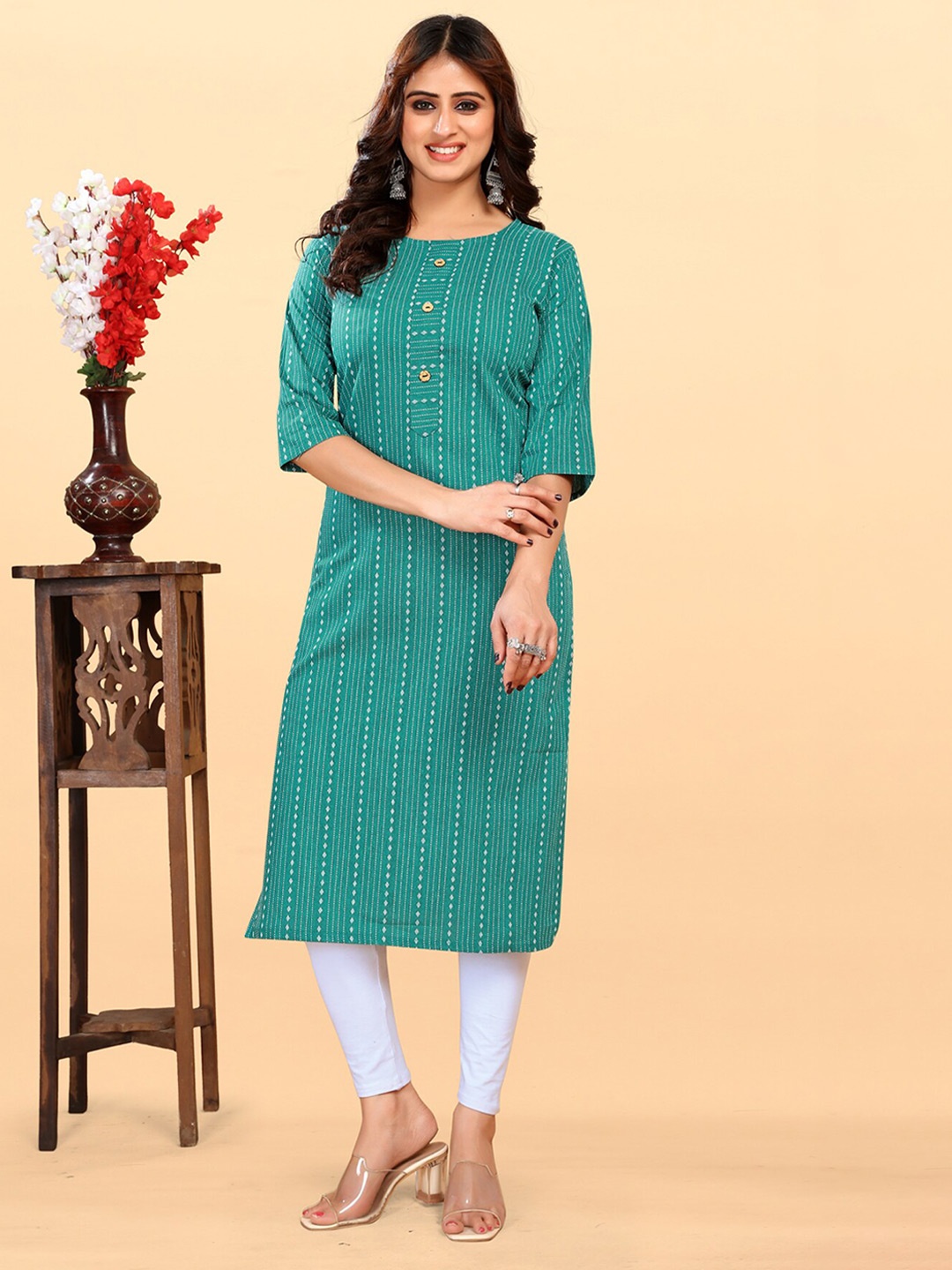 THE WOMEN DECOR Striped Round Neck Three-Quarter Sleeves Cotton Straight Kurta, Lime green
THE WOMEN DECOR Striped Round Neck Three-Quarter Sleeves Cotton Straight Kurta, Lime green