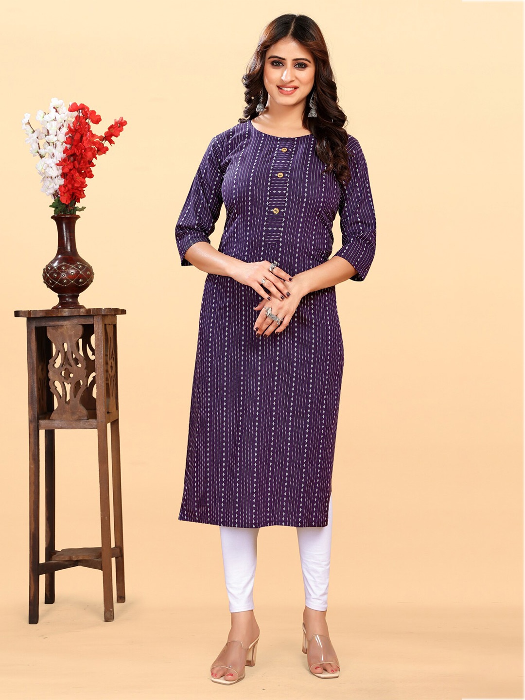 THE WOMEN DECOR Striped Round Neck Three-Quarter Sleeves Cotton Straight Kurta, Purple
THE WOMEN DECOR Striped Round Neck Three-Quarter Sleeves Cotton Straight Kurta, Purple