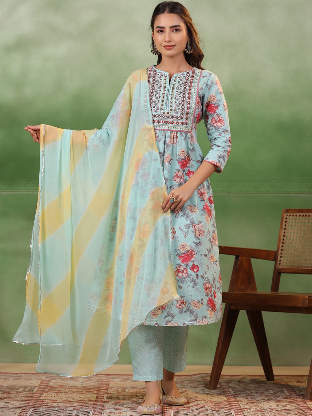 Sangria Floral Printed Notch Neck Pure Cotton A-Line Kurta With Trouser & Dupatta, Blue
Sangria Floral Printed Notch Neck Pure Cotton A-Line Kurta With Trouser & Dupatta, Blue
