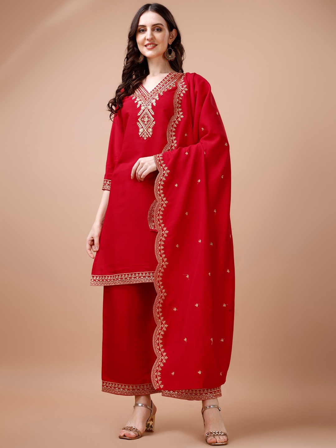 KALINI Ethnic Motifs Embroidered Regular Sequinned Straight Kurta With Palazzos & Dupatta, Red
KALINI Ethnic Motifs Embroidered Regular Sequinned Straight Kurta With Palazzos & Dupatta, Red