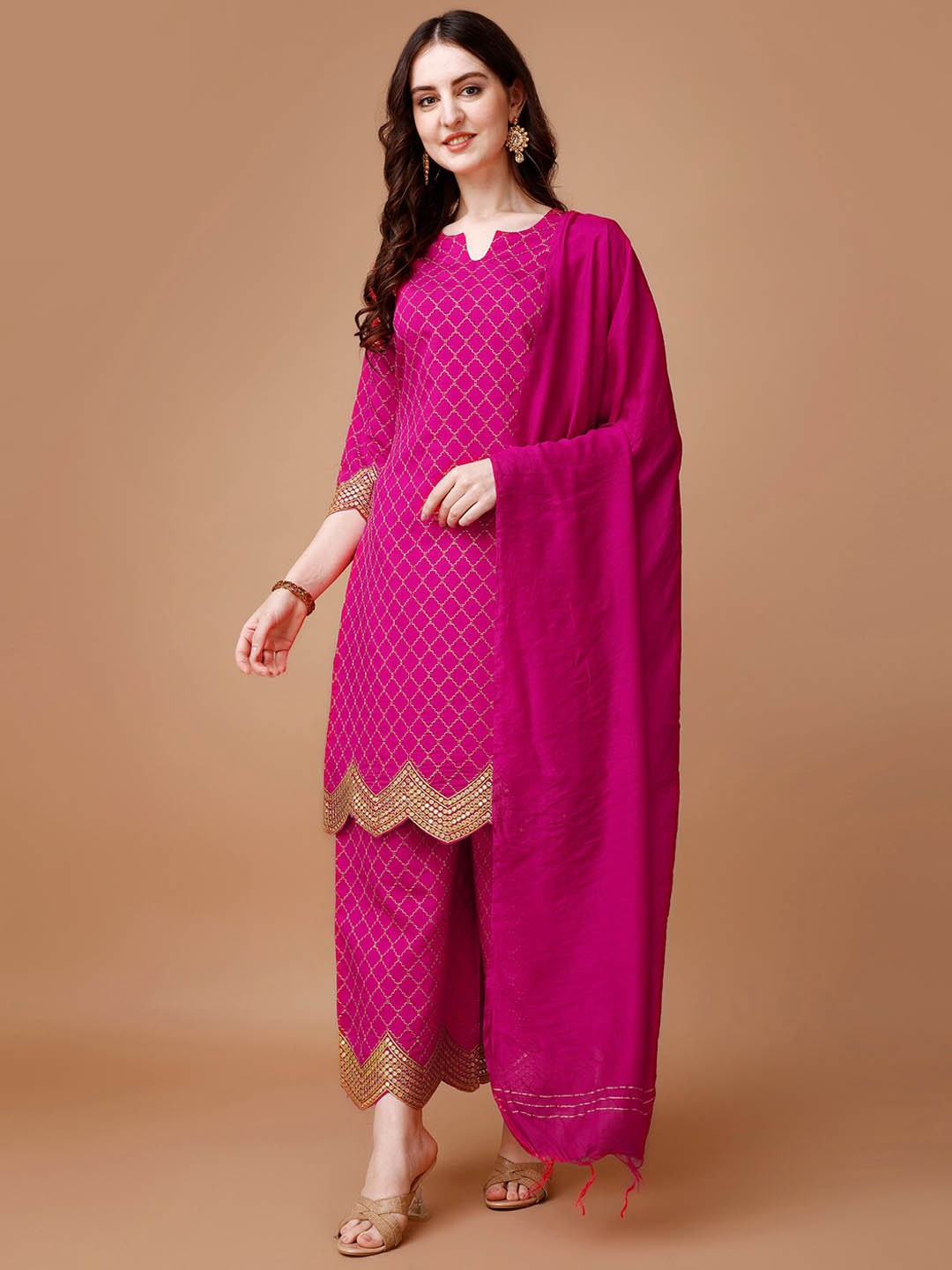 KALINI Geometric Embroidered Regular Sequinned Straight Kurta With Palazzos & Dupatta, Pink
KALINI Geometric Embroidered Regular Sequinned Straight Kurta With Palazzos & Dupatta, Pink