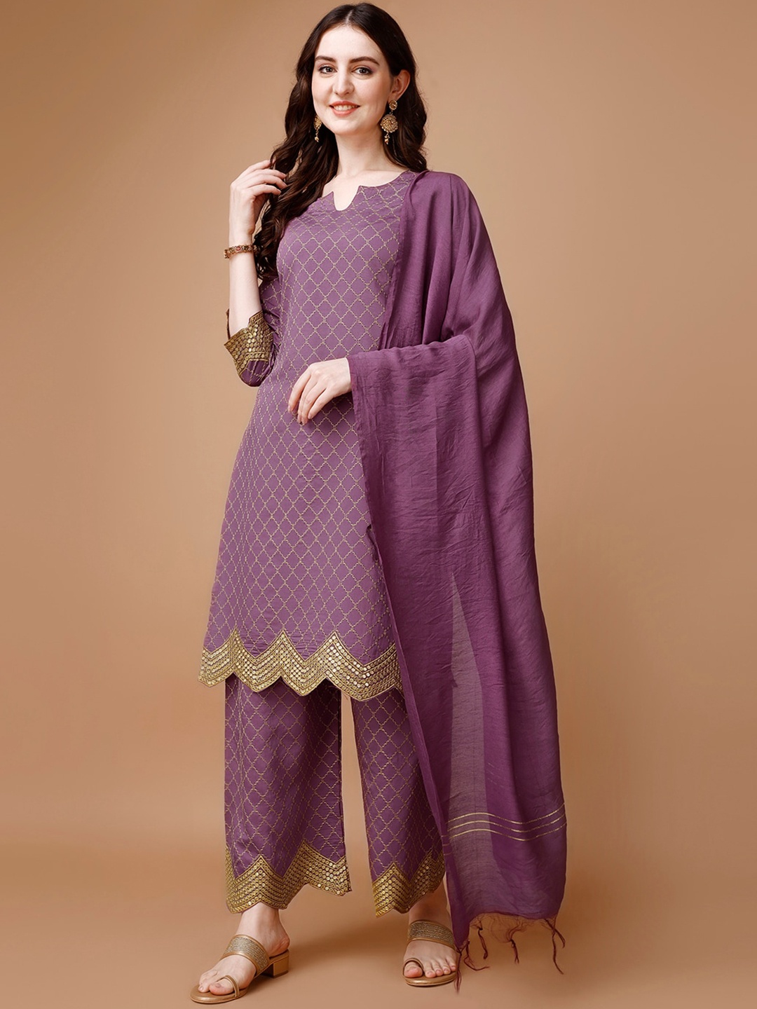 KALINI Geometric Embroidered Regular Sequinned Straight Kurta With Palazzos & Dupatta, Purple
KALINI Geometric Embroidered Regular Sequinned Straight Kurta With Palazzos & Dupatta, Purple