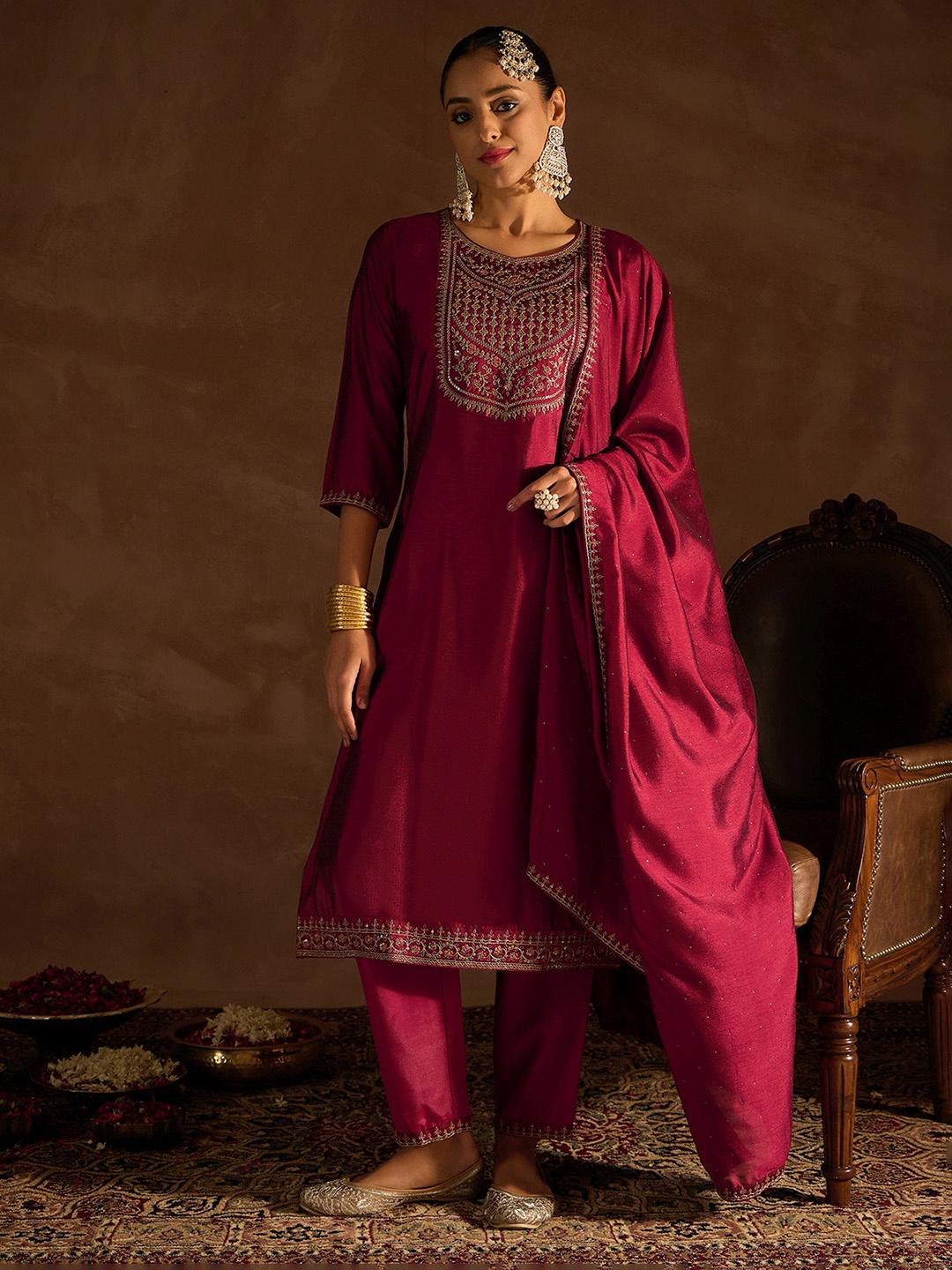 Indo Era Maroon Ethnic Motifs Embroidered Regular Sequinned Kurta with Trousers & Dupatta
Indo Era Maroon Ethnic Motifs Embroidered Regular Sequinned Kurta with Trousers & Dupatta