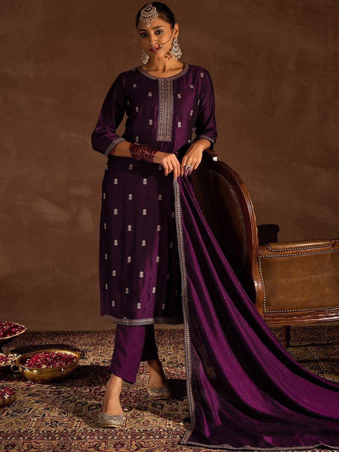 Indo Era Ethnic Motifs Embroidered Sequinned Straight Kurta with Trousers & Dupatta, Purple
Indo Era Ethnic Motifs Embroidered Sequinned Straight Kurta with Trousers & Dupatta, Purple