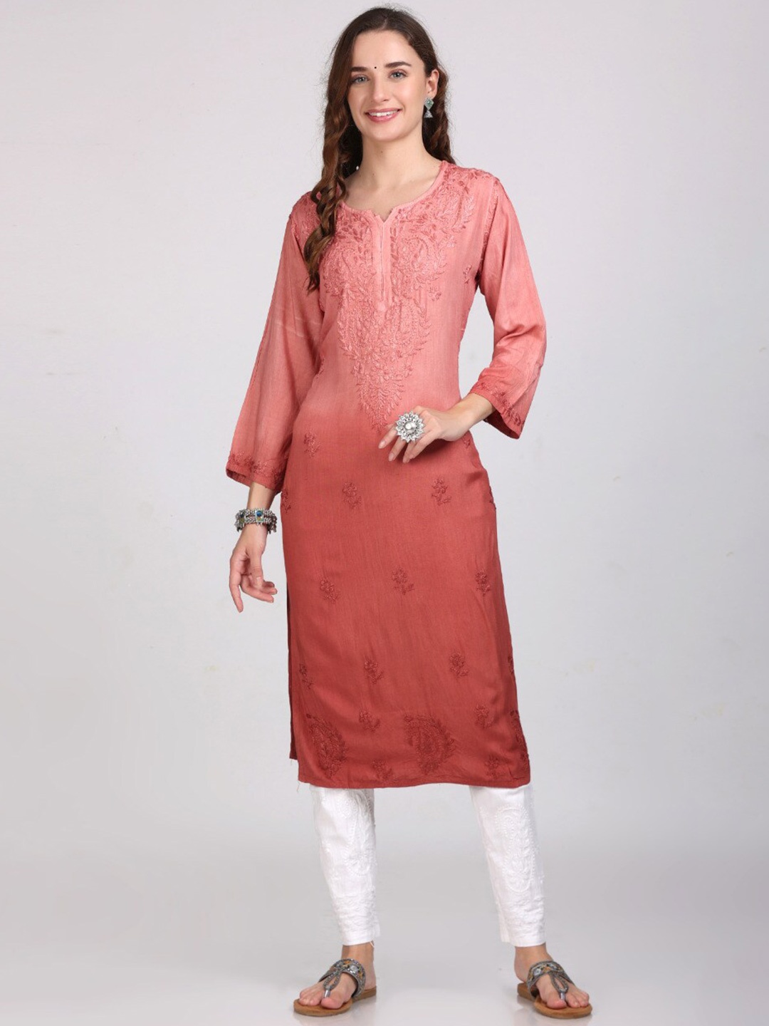 KHAKA Notched Neck Flared Sleeves Paisley Embroidered Chikankari Straight Kurta, Brown
KHAKA Notched Neck Flared Sleeves Paisley Embroidered Chikankari Straight Kurta, Brown