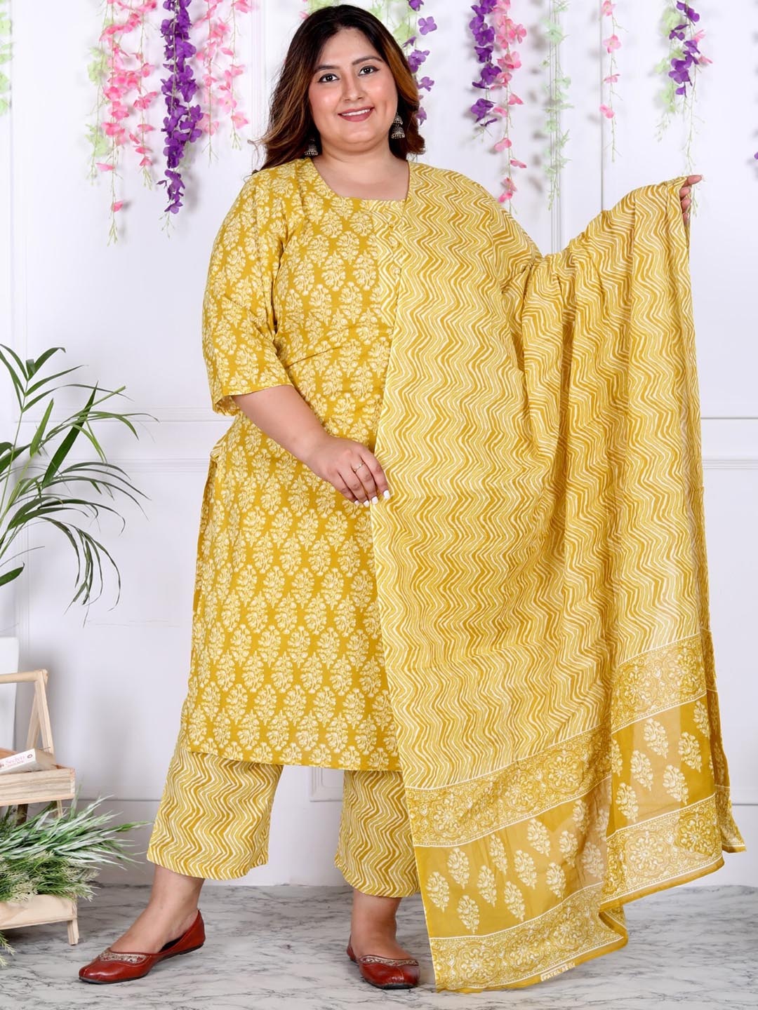KALINI Floral Printed Regular Sequinned Pure Cotton Kurta with Trouser & With Dupatta, Yellow
KALINI Floral Printed Regular Sequinned Pure Cotton Kurta with Trouser & With Dupatta, Yellow