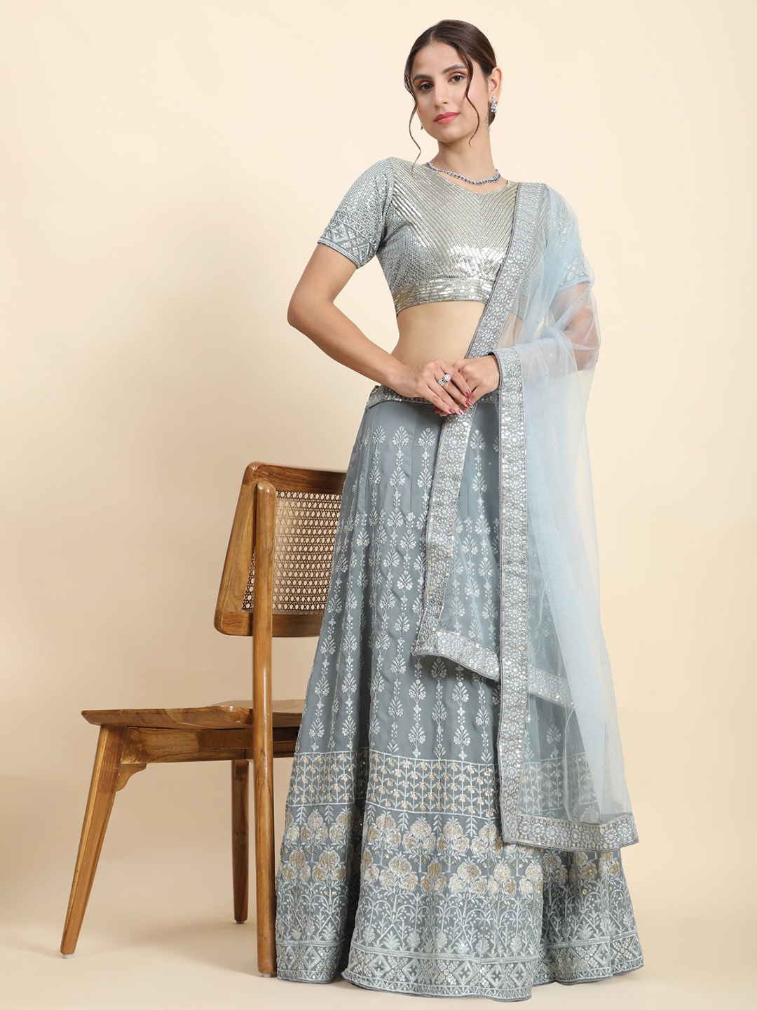 Rujave Embellished Thread Work Semi-Stitched Lehenga & Unstitched Blouse With Dupatta, Grey
Rujave Embellished Thread Work Semi-Stitched Lehenga & Unstitched Blouse With Dupatta, Grey