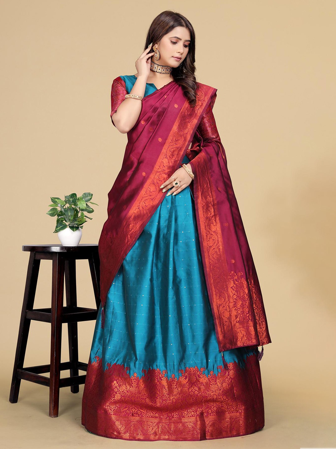 MAHALASA Woven Design Zari Semi-Stitched Lehenga & Blouse With Dupatta, Turquoise blue
MAHALASA Woven Design Zari Semi-Stitched Lehenga & Blouse With Dupatta, Turquoise blue