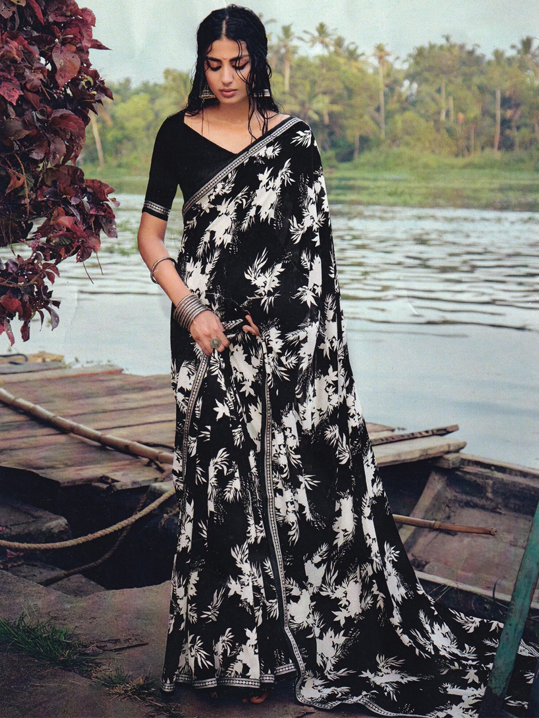 

Exotic India Floral Zari Art Silk Saree, Black