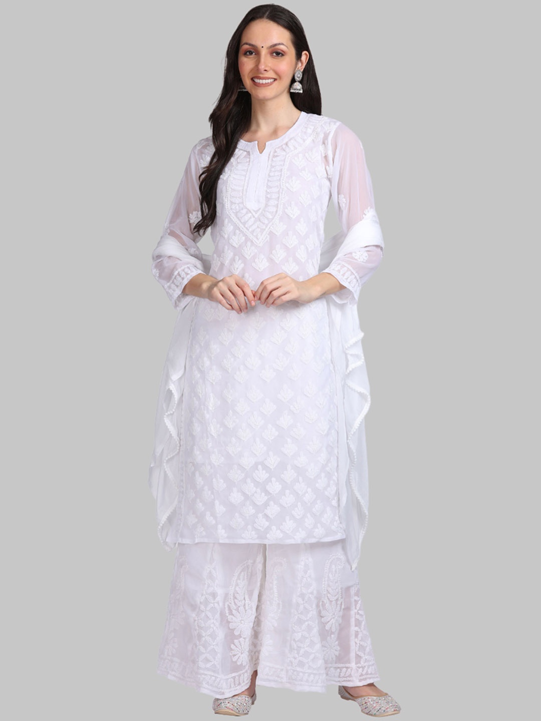KHAKA Paisley Embroidered Notched Neck Chikankari Straight Kurta with Sharara & Dupatta, White
KHAKA Paisley Embroidered Notched Neck Chikankari Straight Kurta with Sharara & Dupatta, White