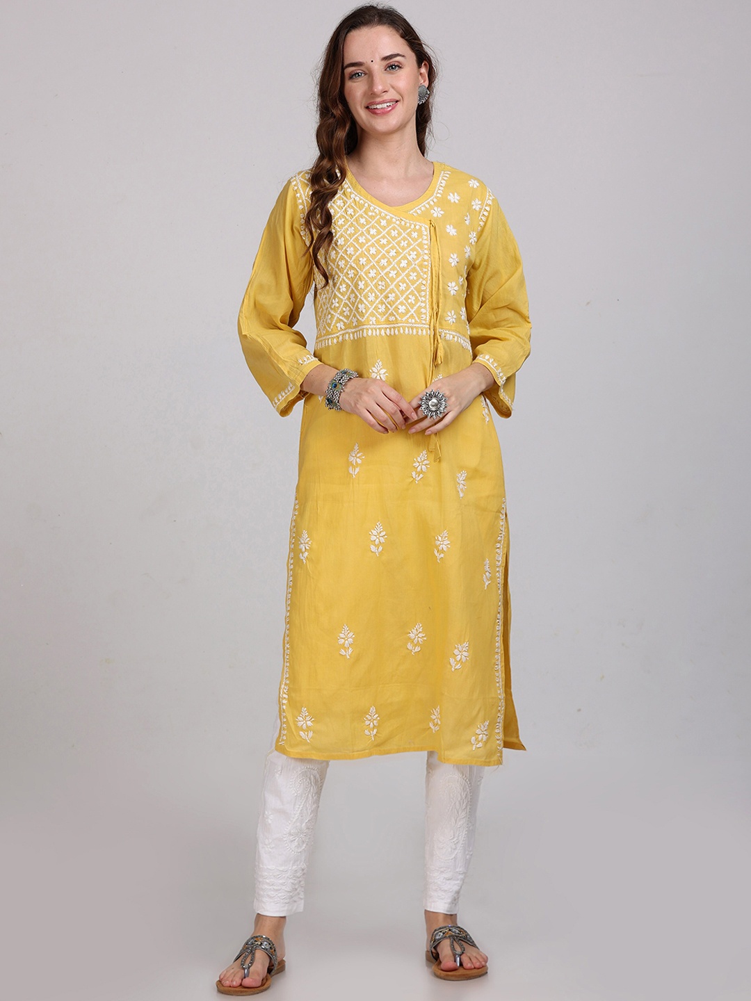 KHAKA Floral Embroidered Angrakha Chikankari Pure Cotton Straight Kurti with Trousers, Yellow
KHAKA Floral Embroidered Angrakha Chikankari Pure Cotton Straight Kurti with Trousers, Yellow
