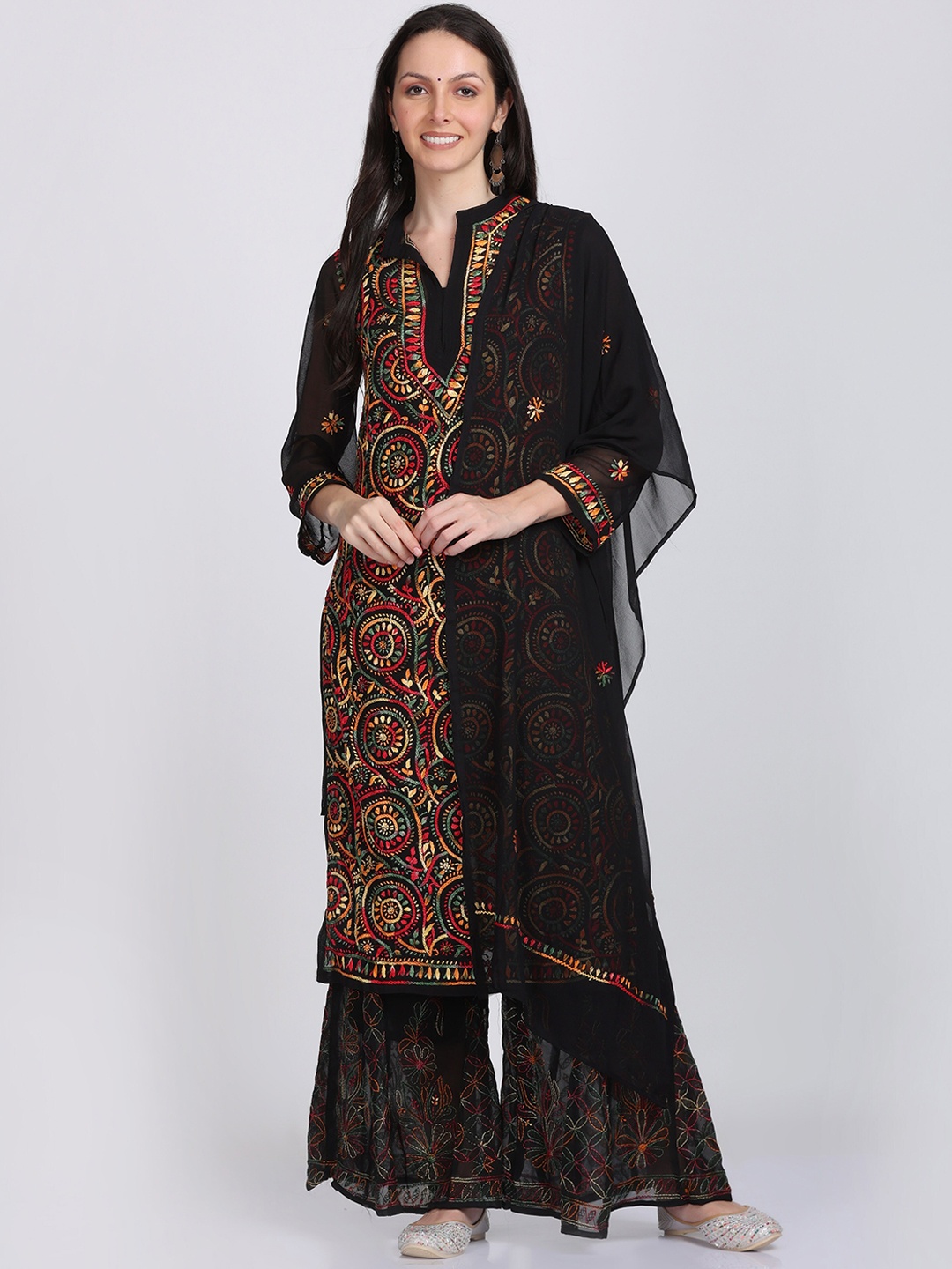 KHAKA Ethnic Motifs Embroidered Regular Chikankari Straight Kurta with Sharara & Dupatta, Black
KHAKA Ethnic Motifs Embroidered Regular Chikankari Straight Kurta with Sharara & Dupatta, Black