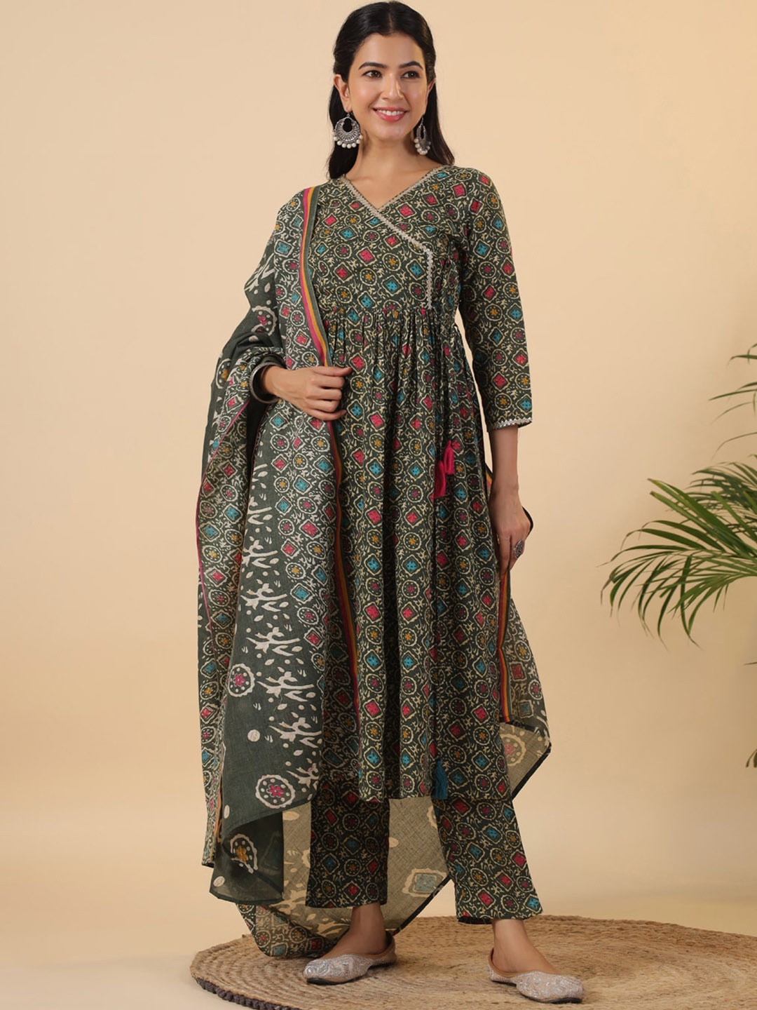 KALINI Ethnic Motifs Printed Angrakha Pure Cotton Kurta with Trousers & With Dupatta, Green
KALINI Ethnic Motifs Printed Angrakha Pure Cotton Kurta with Trousers & With Dupatta, Green