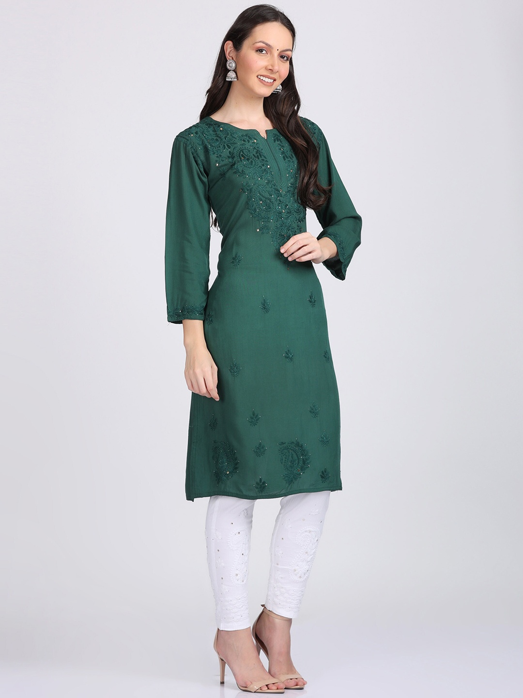 KHAKA Floral Embroidered Notched Neck Chikankari Straight Kurta with Trousers, Green
KHAKA Floral Embroidered Notched Neck Chikankari Straight Kurta with Trousers, Green
