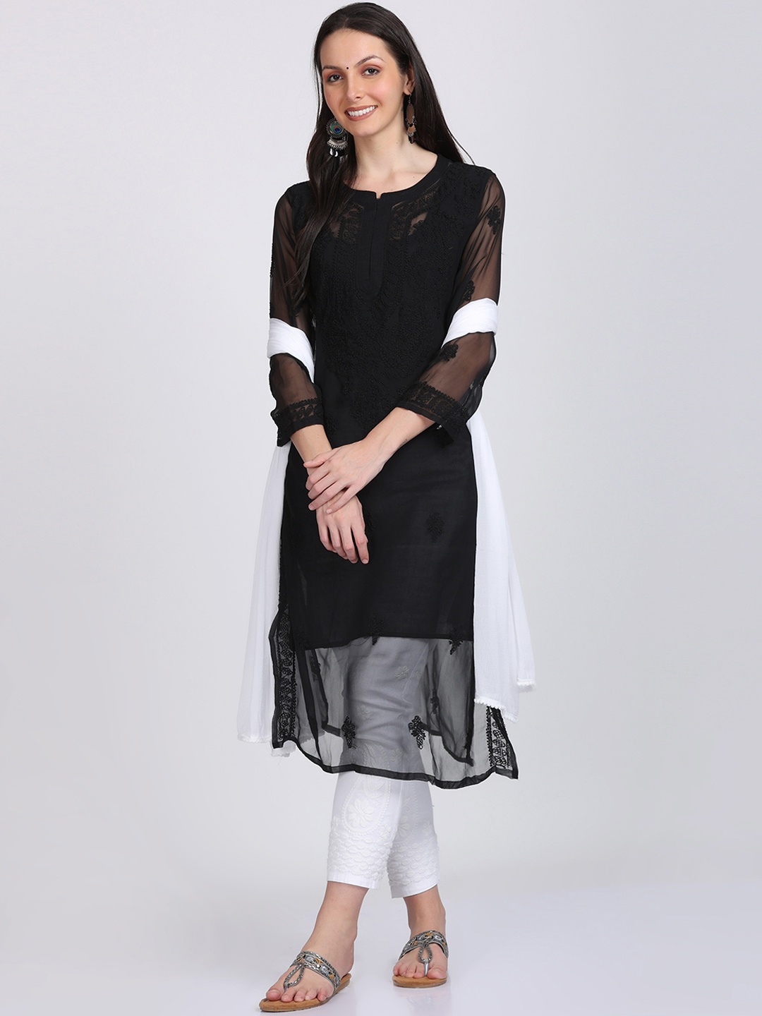 KHAKA Ethnic Motifs Embroidered Regular Chikankari Straight Kurta with Trousers & Dupatta, Black
KHAKA Ethnic Motifs Embroidered Regular Chikankari Straight Kurta with Trousers & Dupatta, Black