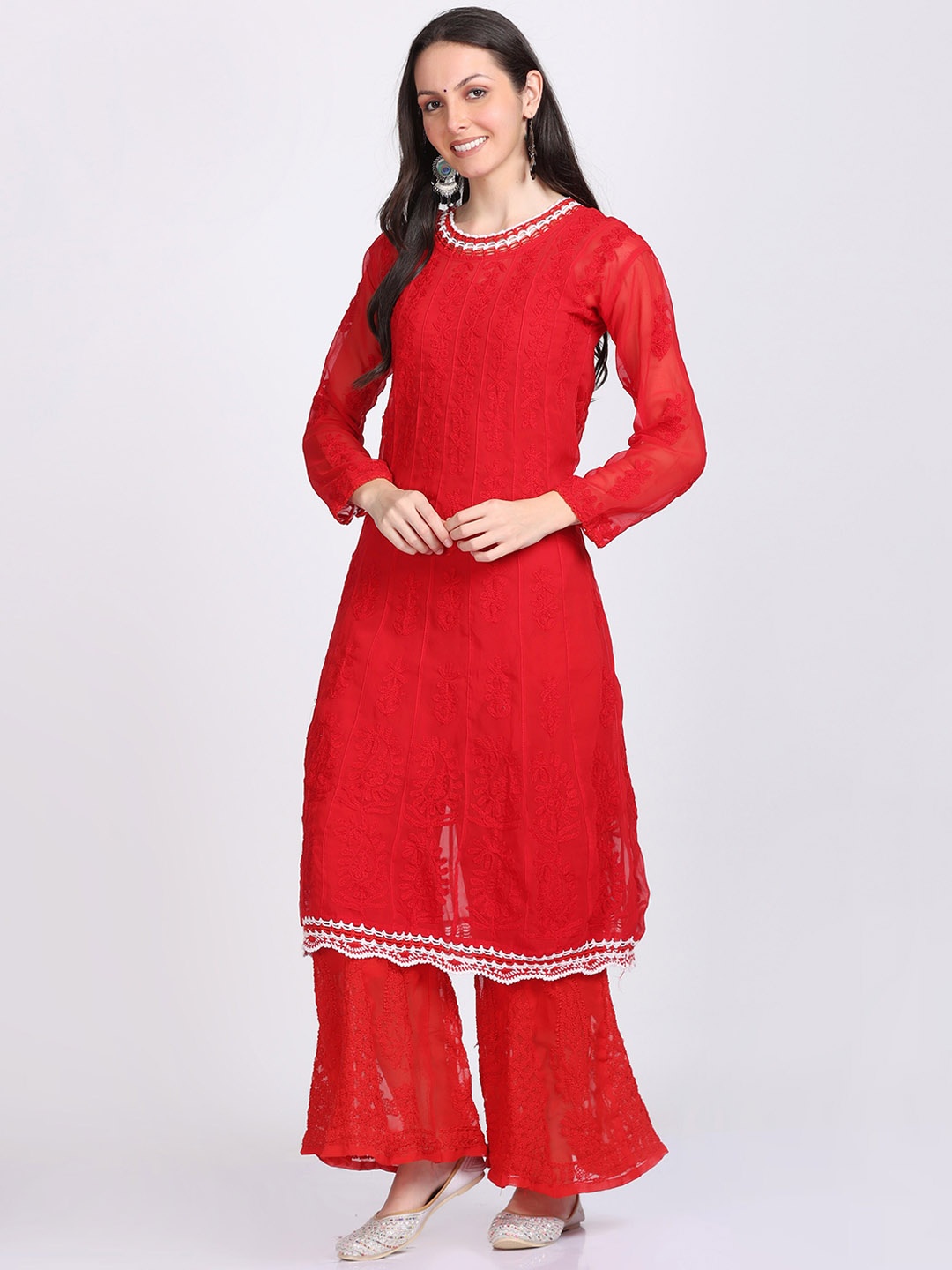 KHAKA Women Floral Embroidered Round Neck Chikankari Straight Kurta with Sharara, Red
KHAKA Women Floral Embroidered Round Neck Chikankari Straight Kurta with Sharara, Red