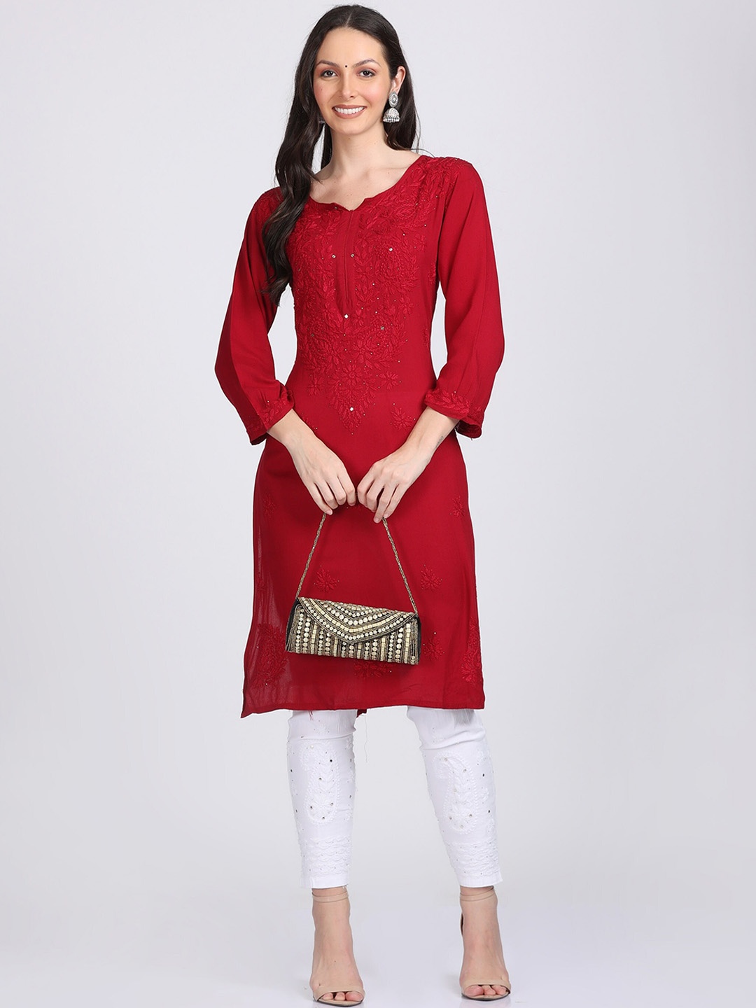 KHAKA Floral Embroidered Notched Neck Chikankari Straight Kurta with Trousers, Maroon
KHAKA Floral Embroidered Notched Neck Chikankari Straight Kurta with Trousers, Maroon