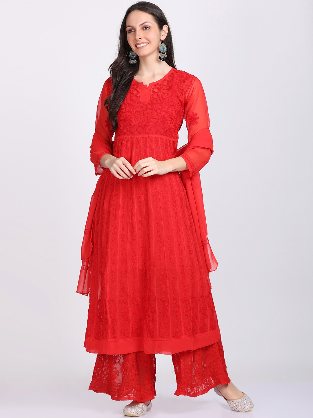 KHAKA Ethnic Motifs Embroidered Empire Chikankari Anarkali Kurta With Sharara & Dupatta, Red
KHAKA Ethnic Motifs Embroidered Empire Chikankari Anarkali Kurta With Sharara & Dupatta, Red