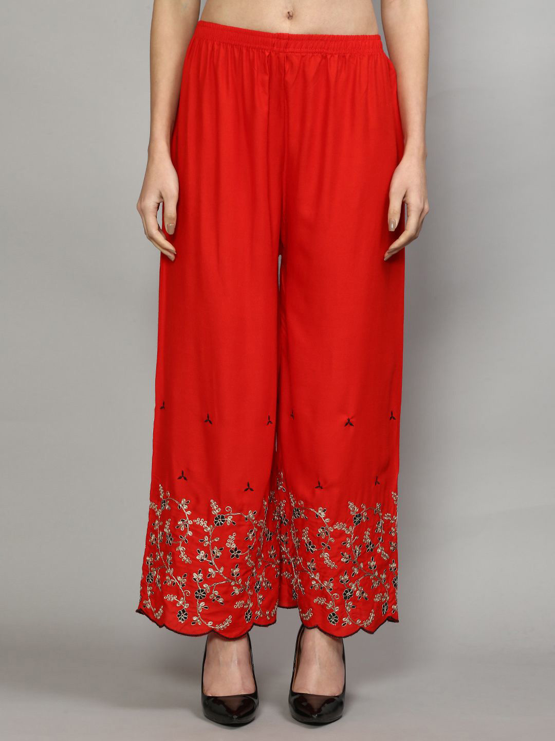 Jinfo Women Embroidered Flared Knitted Palazzos, Red
Jinfo Women Embroidered Flared Knitted Palazzos, Red