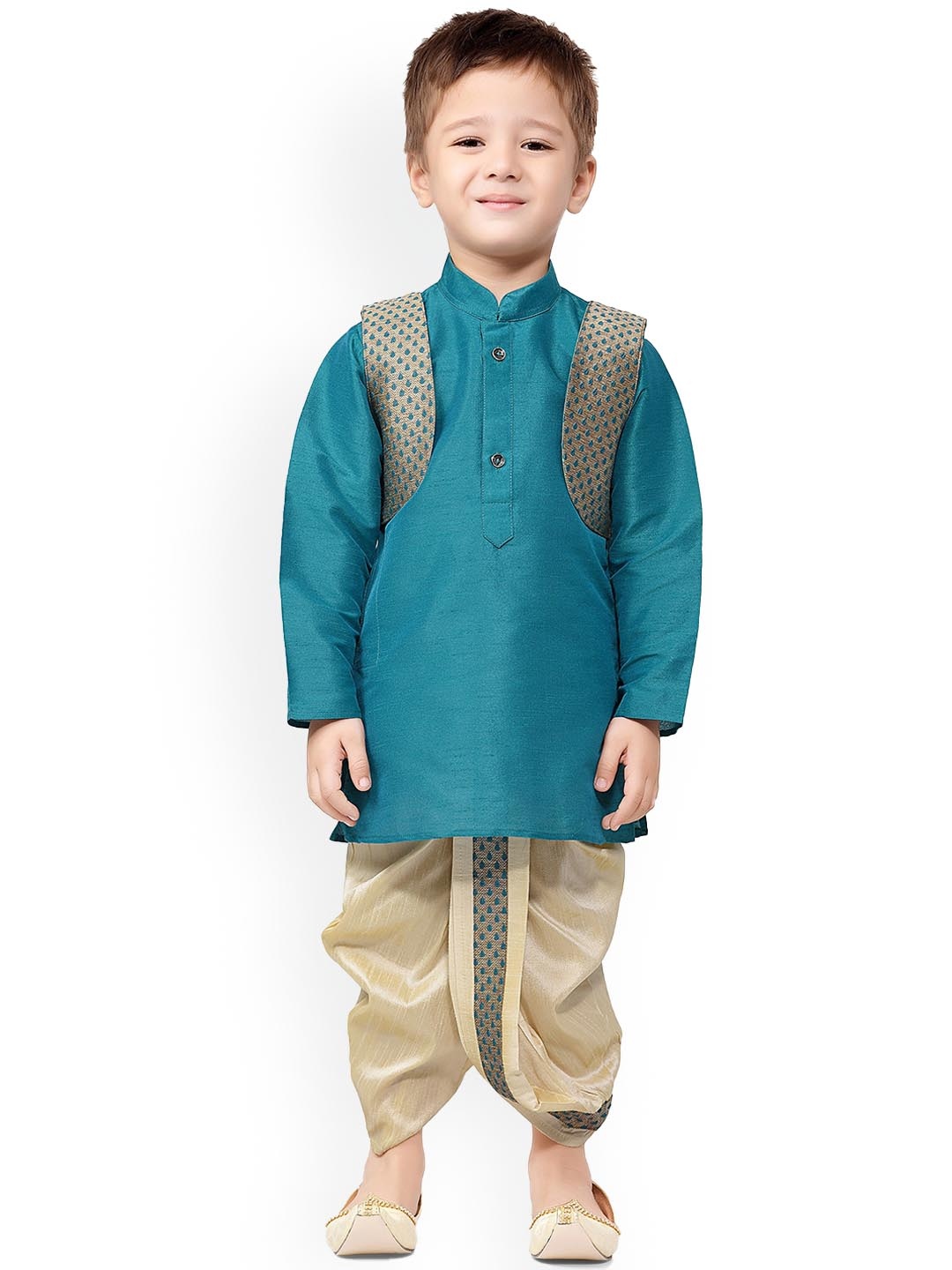 BAESD Boys Mandarin Collar Straight Kurta With Dhoti Pants And Jacket, Turquoise blue
BAESD Boys Mandarin Collar Straight Kurta With Dhoti Pants And Jacket, Turquoise blue