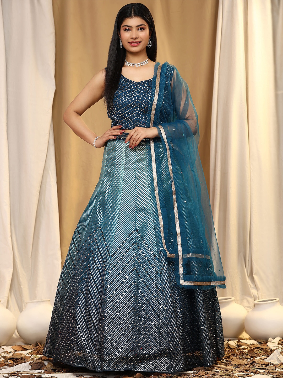 AMOHA TRENDZ Embroidered V-Neck Organza Ready to Wear Lehenga & Blouse With Dupatta, Teal
AMOHA TRENDZ Embroidered V-Neck Organza Ready to Wear Lehenga & Blouse With Dupatta, Teal