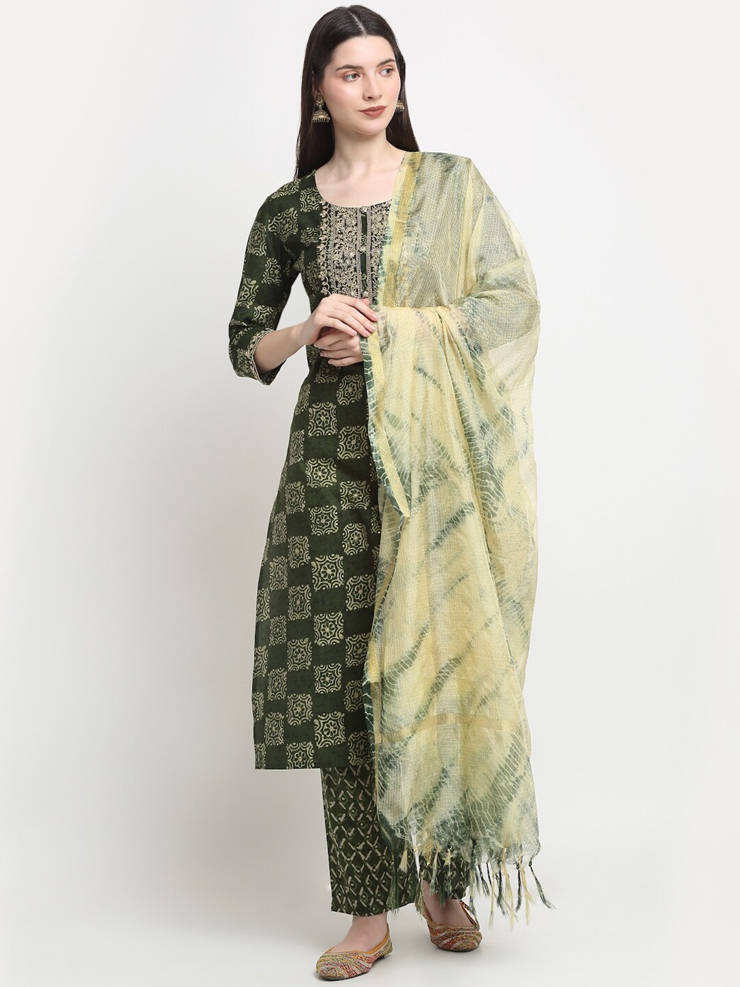 KALINI Ethnic Motifs Printed Regular Chanderi Silk Kurta with Trousers & With Dupatta, Green
KALINI Ethnic Motifs Printed Regular Chanderi Silk Kurta with Trousers & With Dupatta, Green